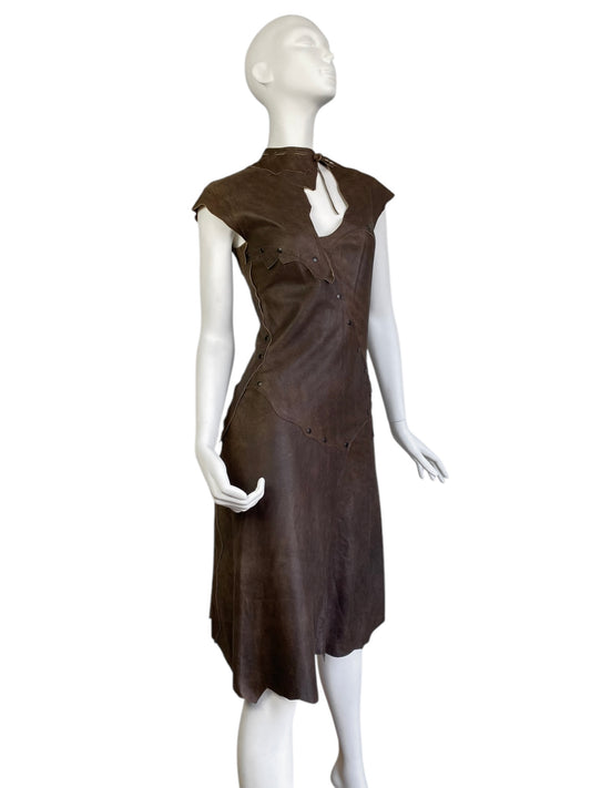 PLEIN SUD 2000s BROWN LEATHER PATCHWORK STUDDED MIDI DRESS