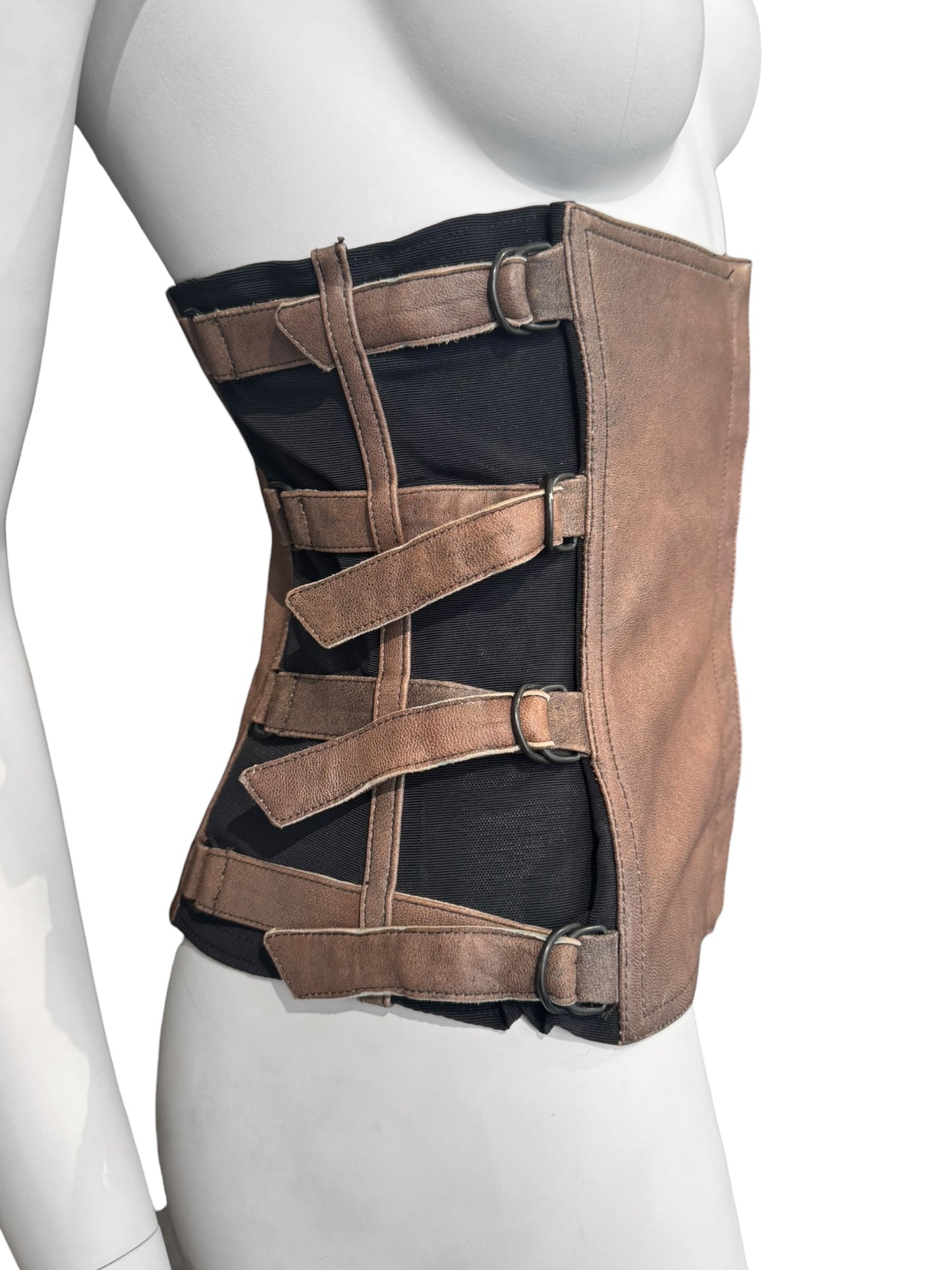 PLEIN SUD FW2001 BROWN LEATHER BONDAGE CORSET