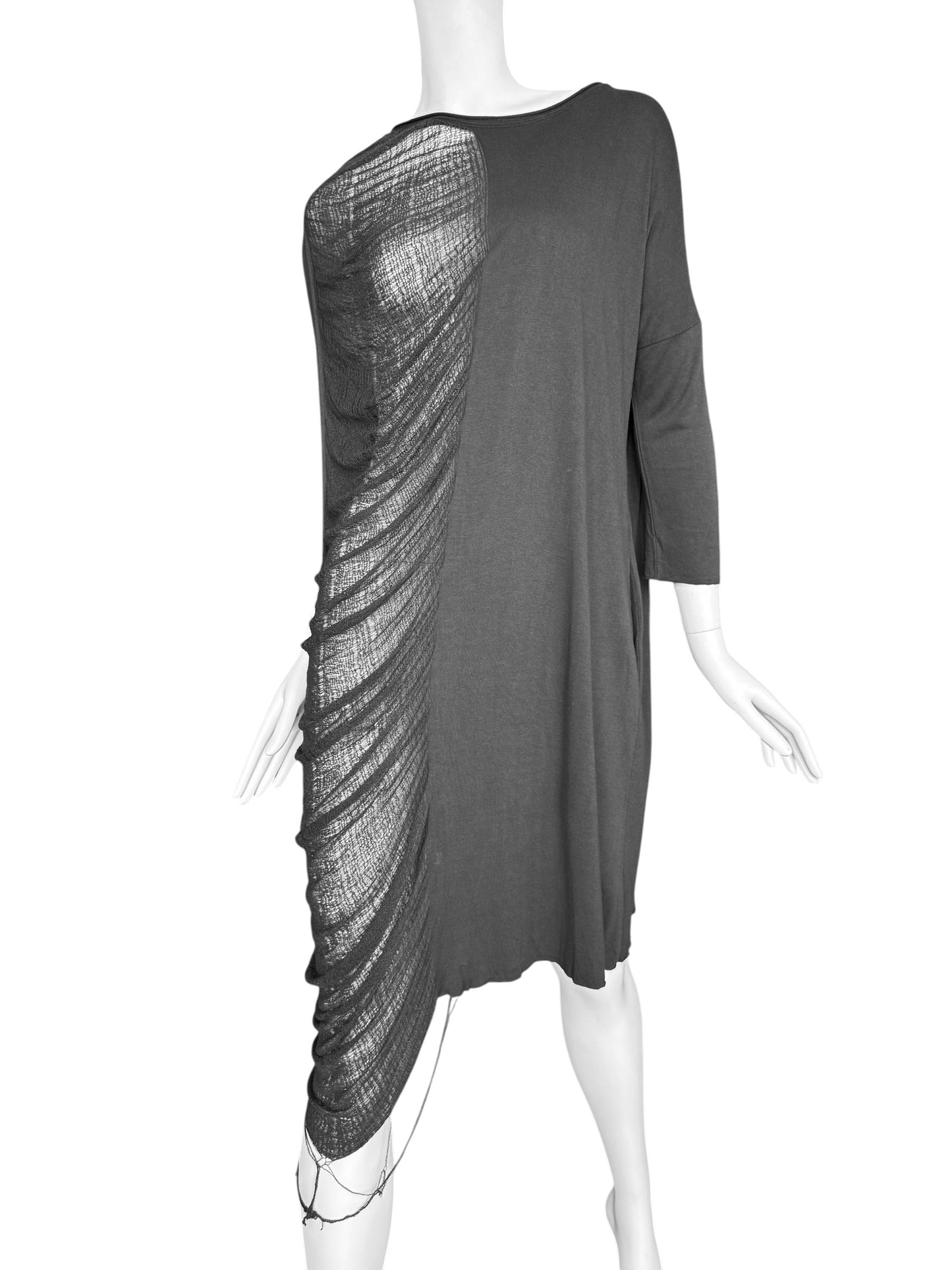 RAQUEL ALLEGRA 2010s GREY ASYMMETRICAL DISTRESS MIDI DRESS