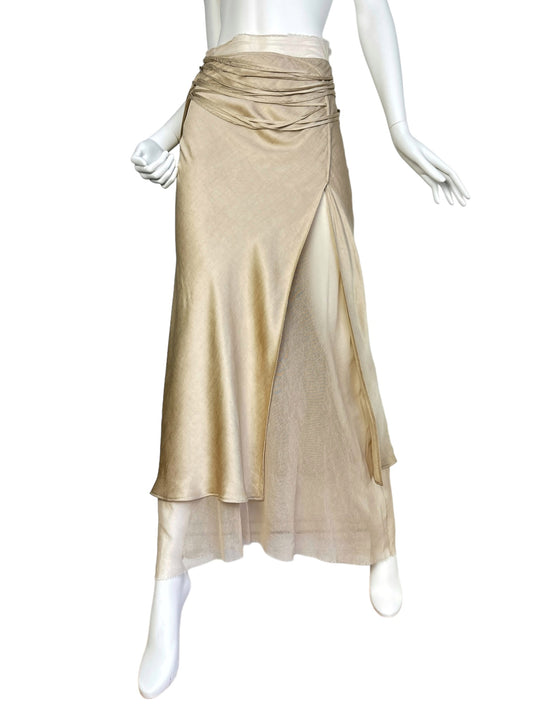 FAYÇAL AMOR 2000s BEIGE SATIN TULLE LACED MAXI SKIRT