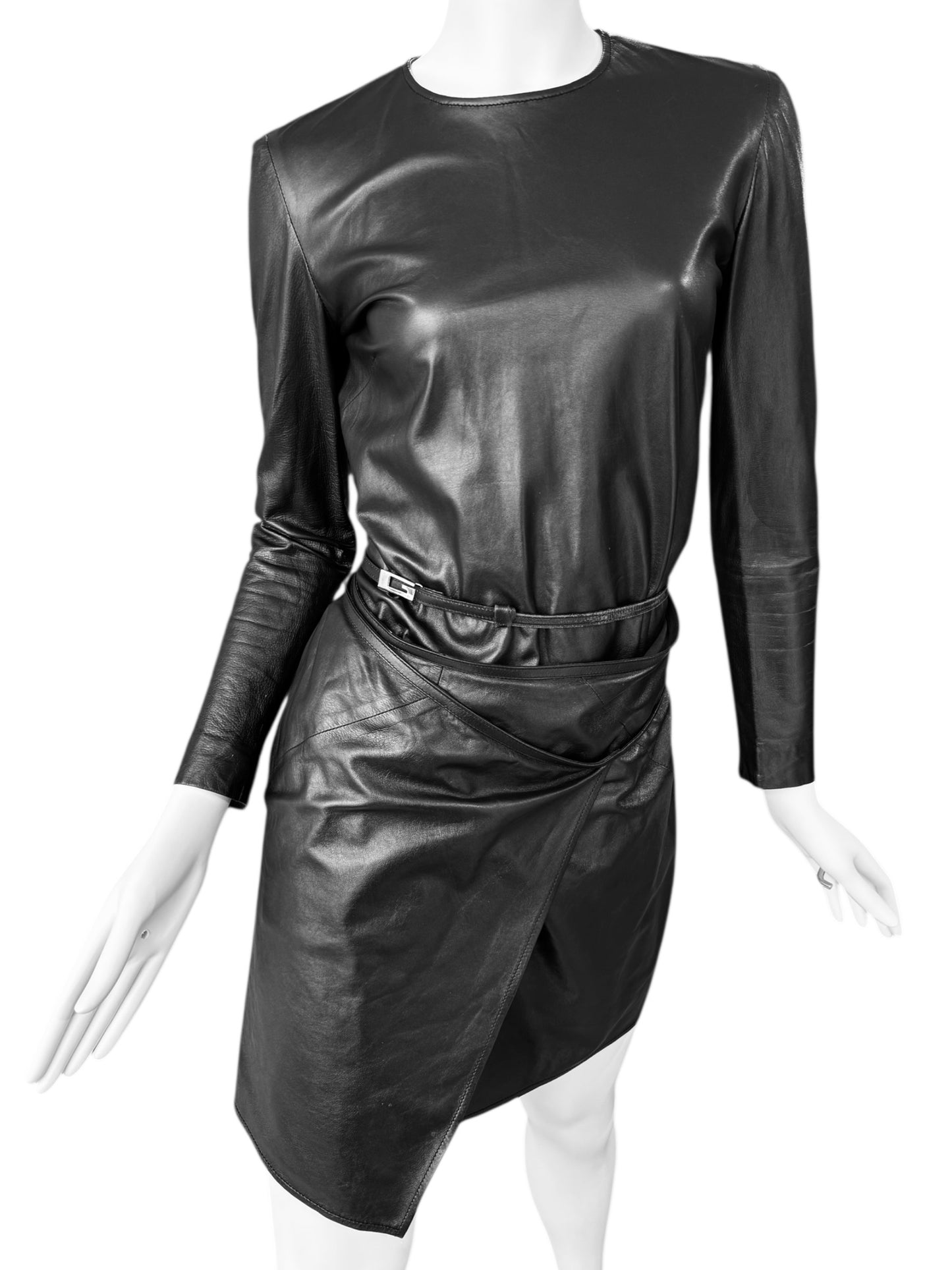 GUCCI FW1997 BY TOM FORD BLACK LEATHER WRAPPABLE MIDI DRESS