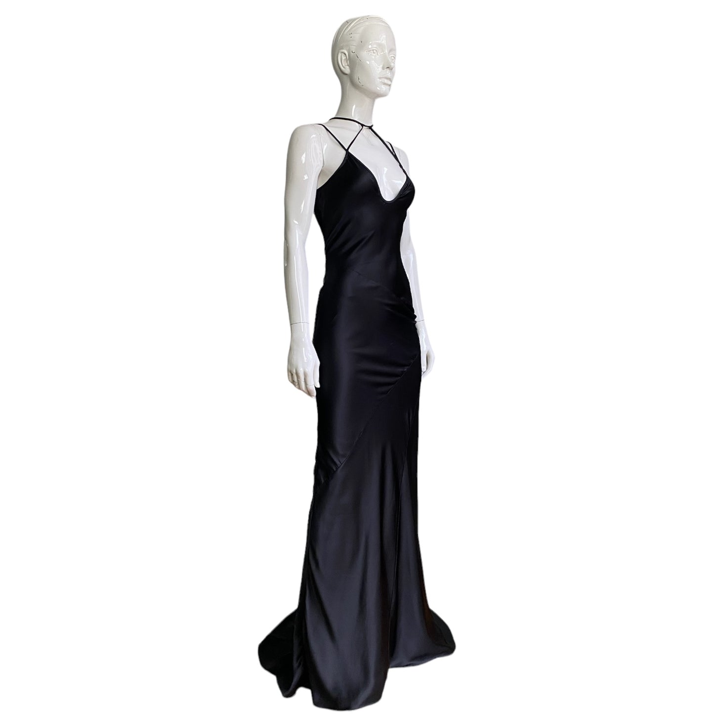 FAYÇAL AMOR SS2003 BLACK SATIN CUT OUT DOUBLE STRAPS MAXI DRESS