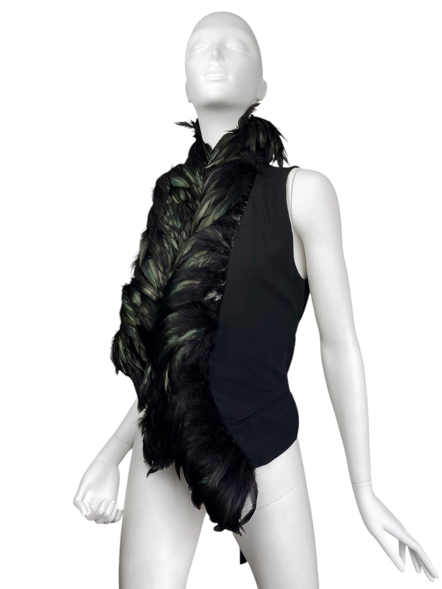 ANN DEMEULEMEESTER FW2010 GREEN FEATHERS BLACK WAISTCOAT