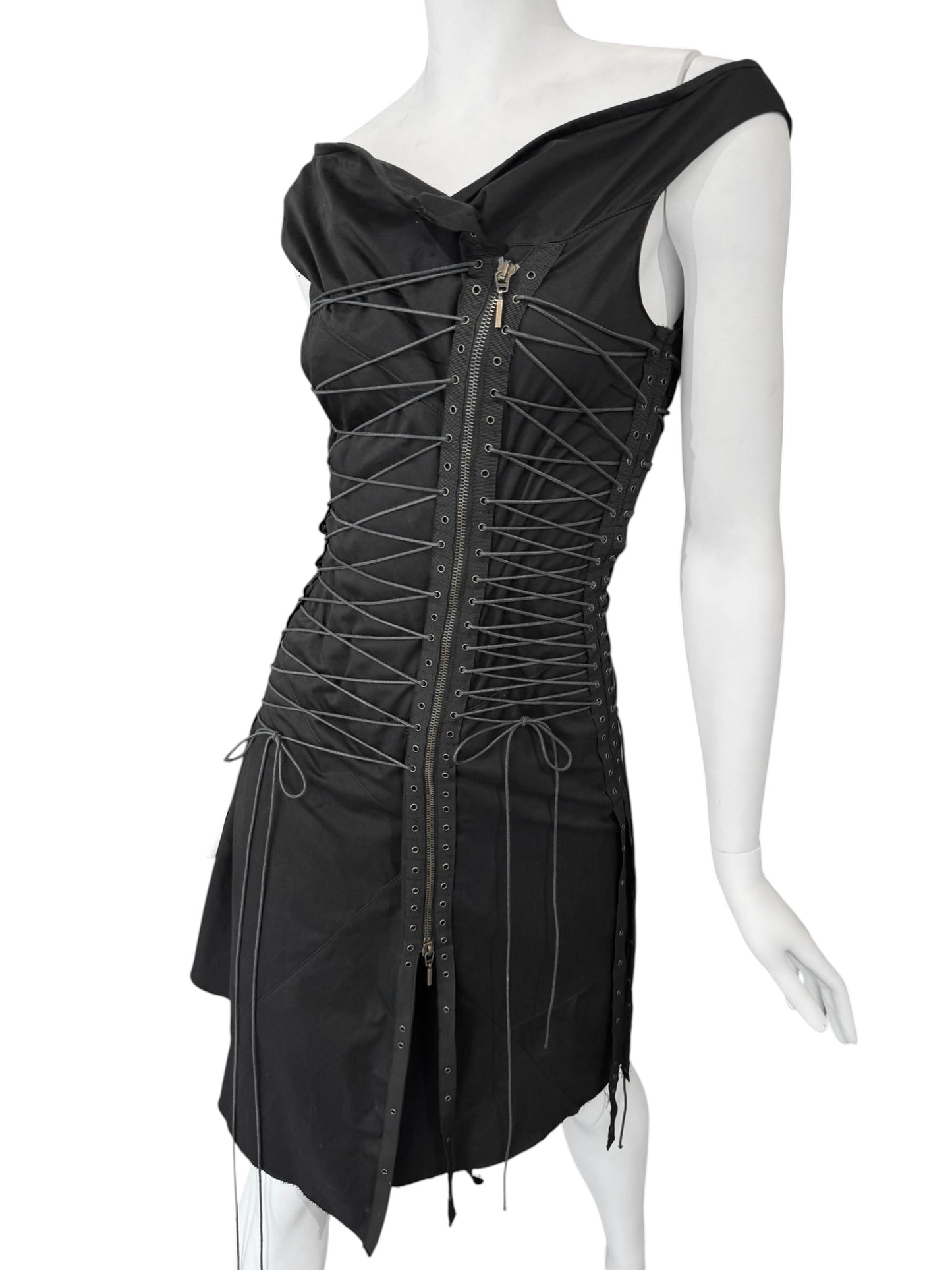 PLEIN SUD SS2003 BLACK LACE-UP BONDAGE MIDI DRESS