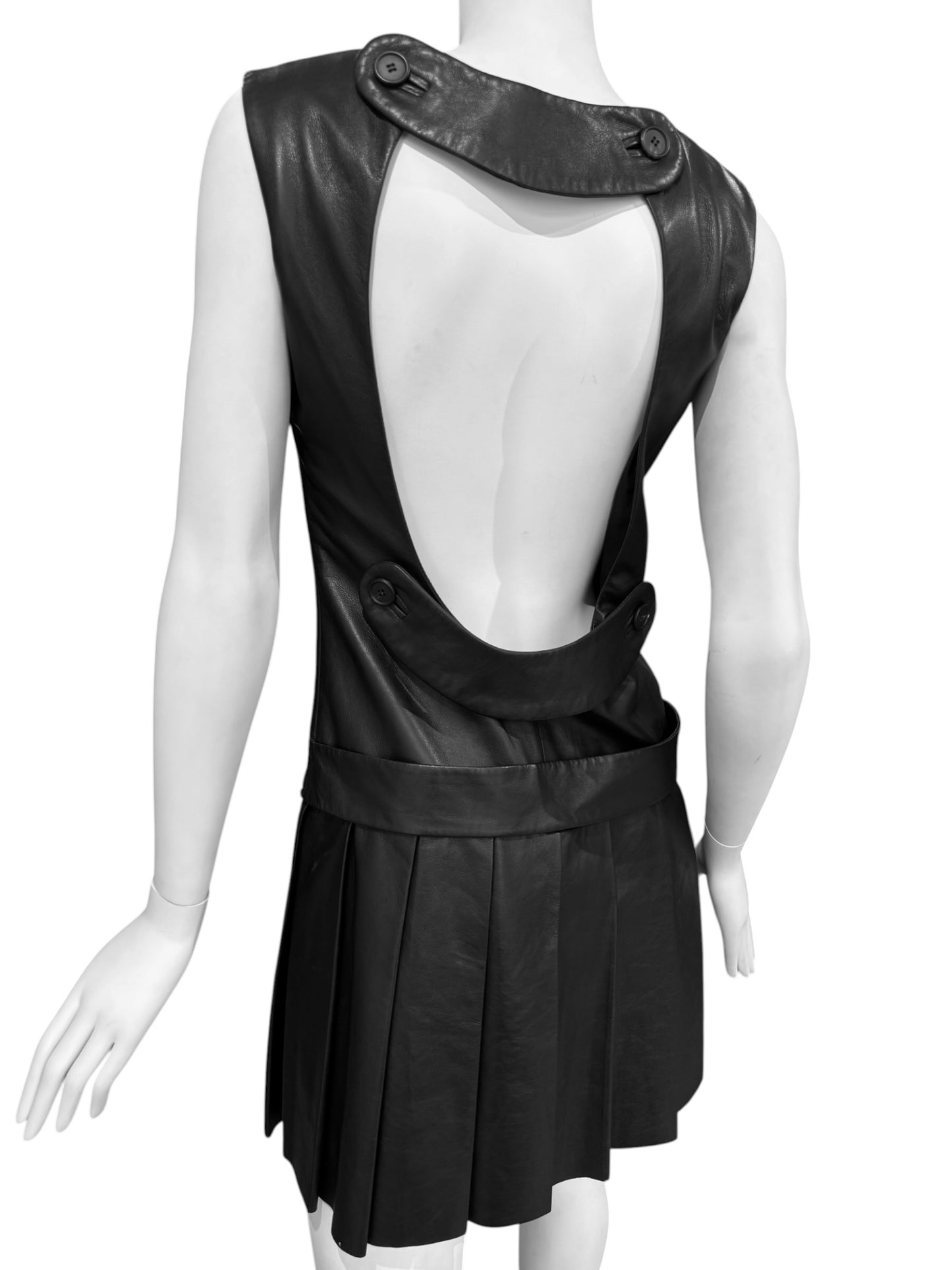 SIMONETTA RAVIZZA 2000s BLACK LEATHER OPEN BACK PLEATED MINI DRESS