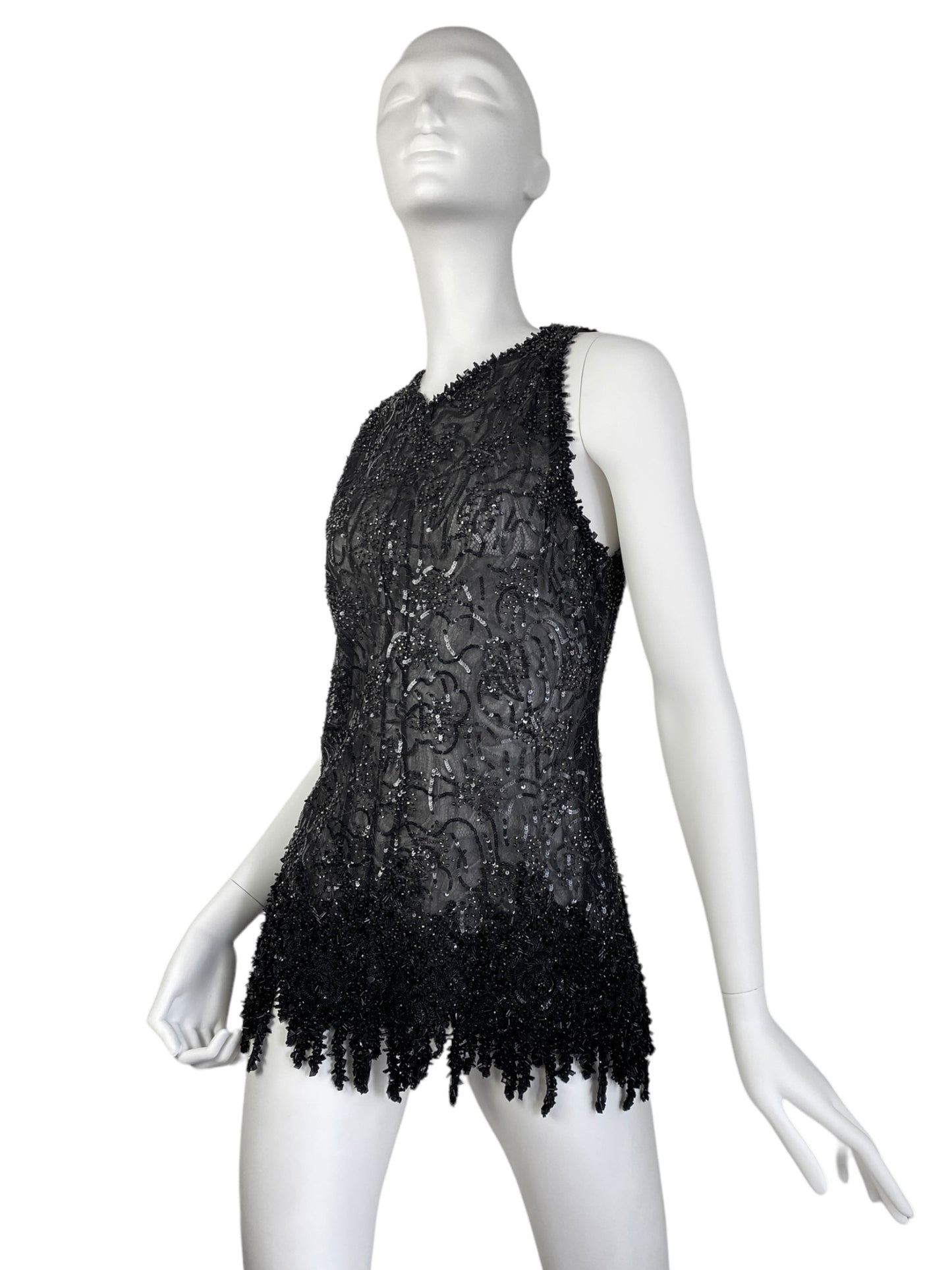 VALENTINO 1990s BLACK SILK TULLE BEADED MINI DRESS