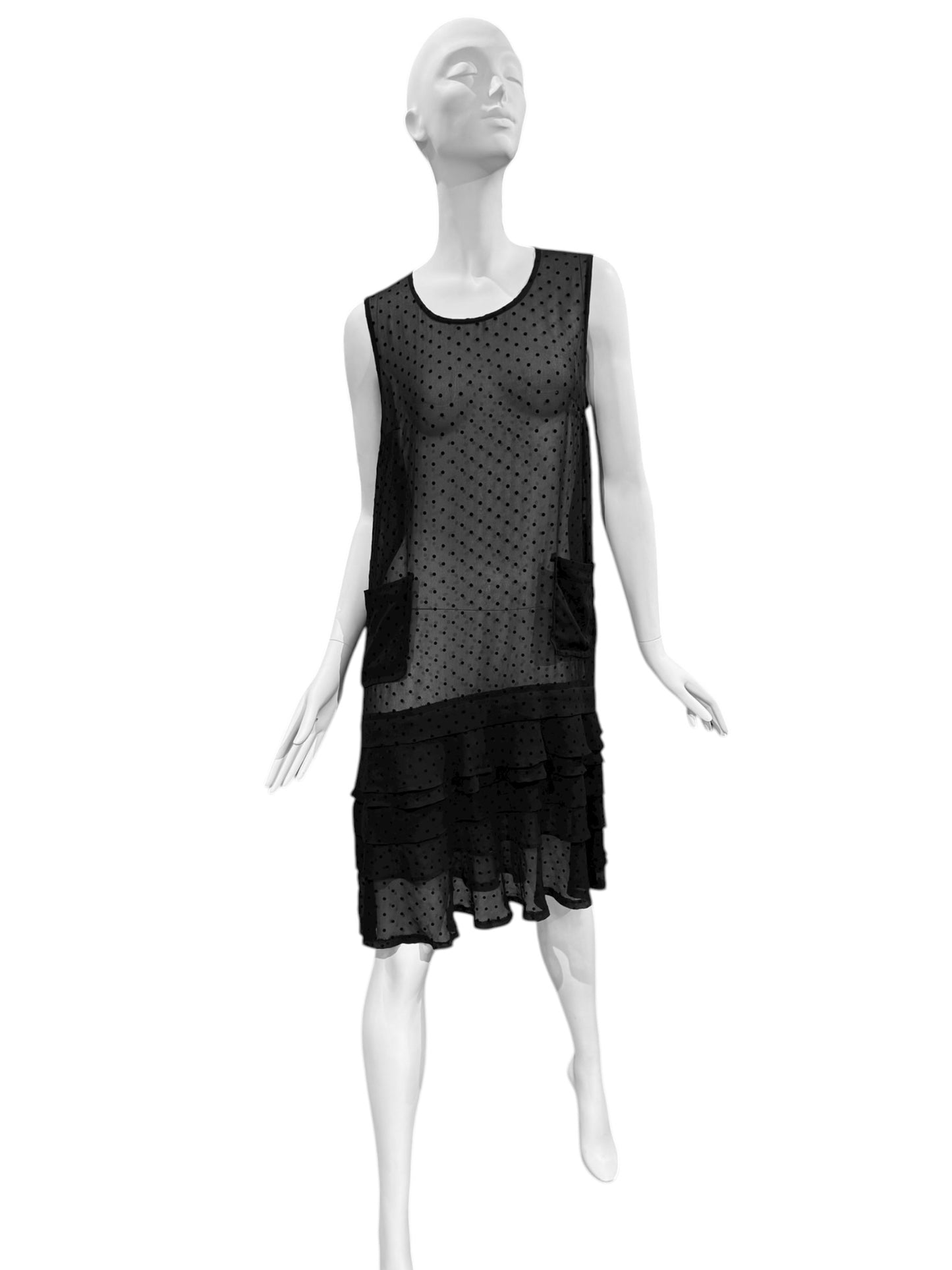 COMME DES GARÇONS TRICOT 2000s BLACK SHEER POLKA DOT RUFFLES HEM MIDI DRESS