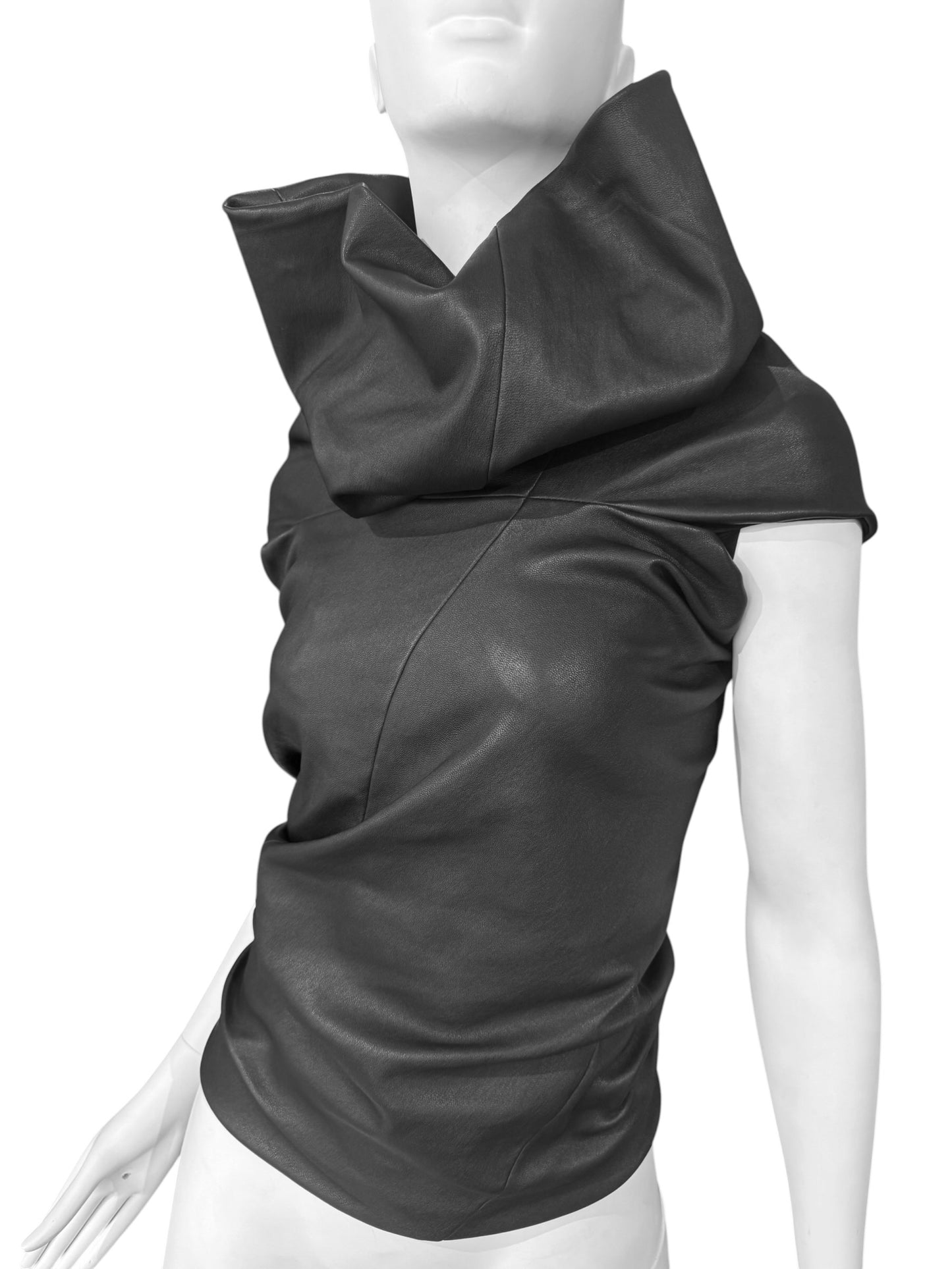 RICK OWENS SS2024 «LIDO» BLACK LEATHER DRAPED TANK TOP