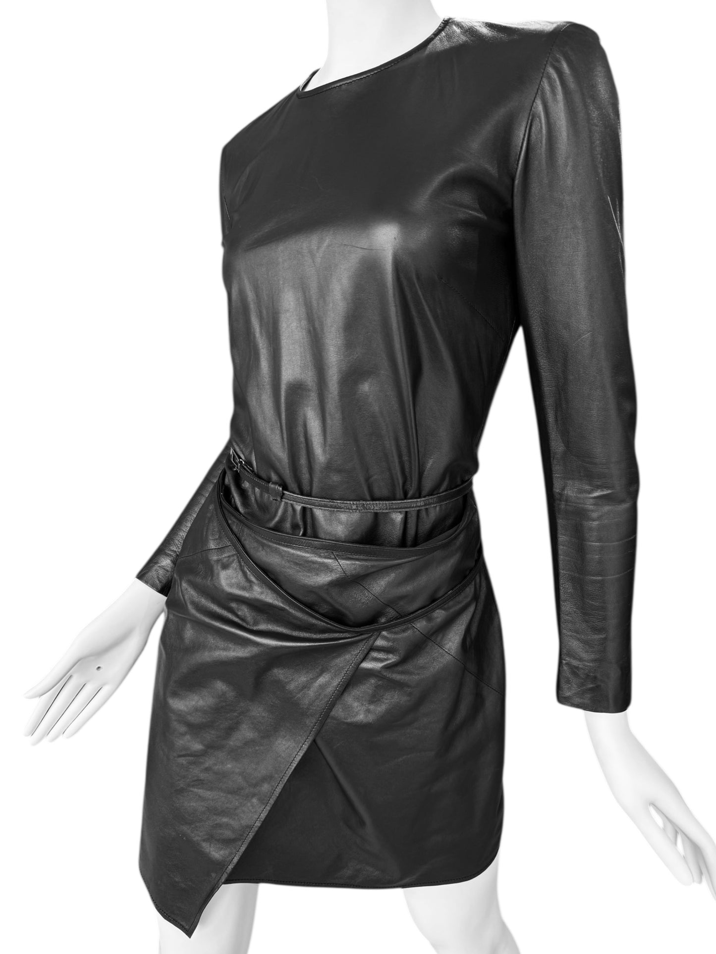 GUCCI FW1997 BY TOM FORD BLACK LEATHER WRAPPABLE MIDI DRESS