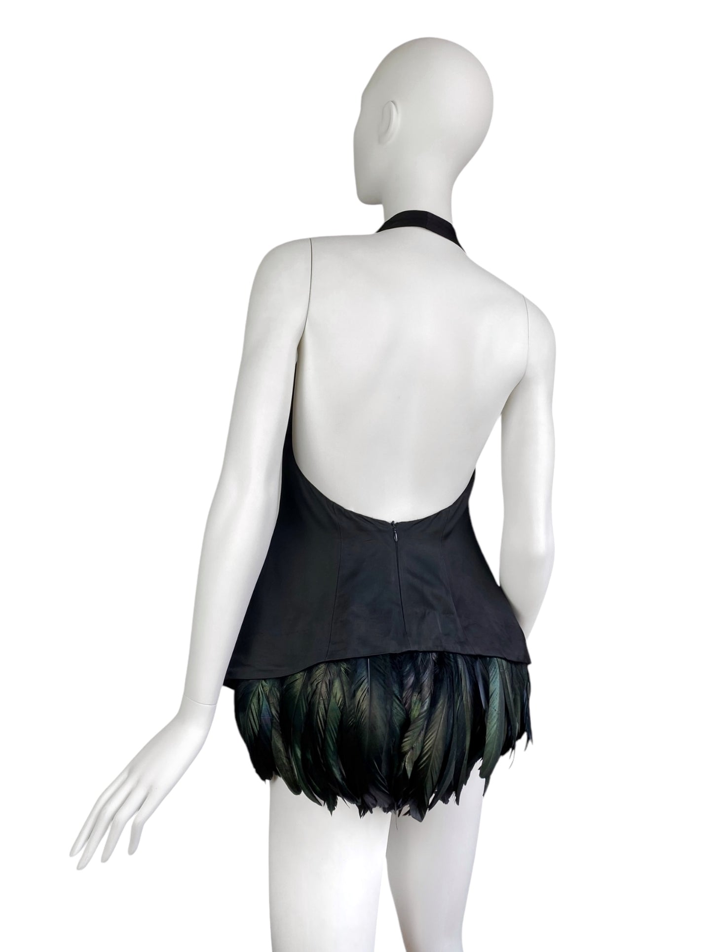 DICE KAYEK 2010s DARK GREEN ROOSTER FEATHERS BLACK HALTERNECK TOP/MINI DRESS