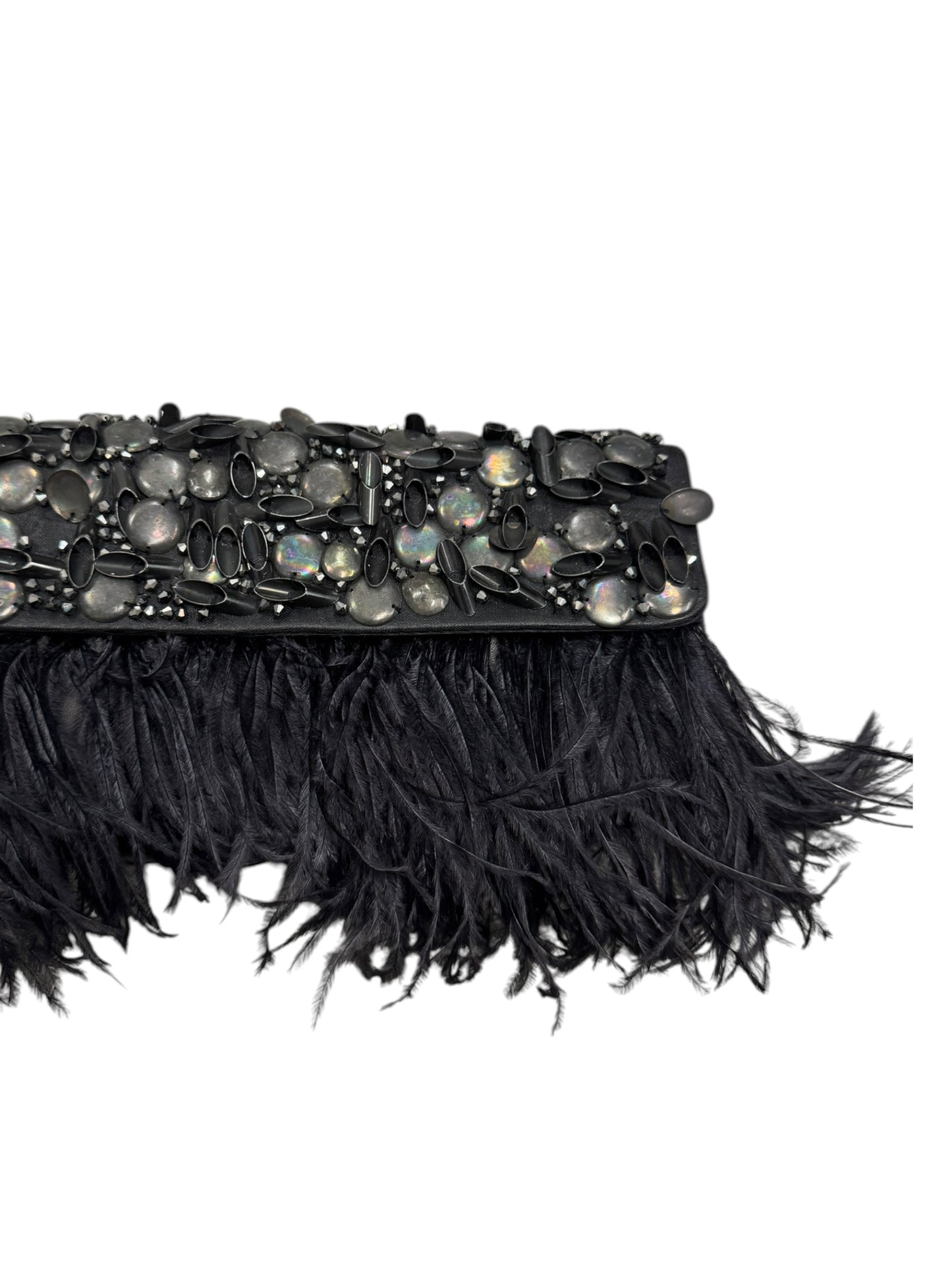 CHRISTIAN LACROIX 2000s BLACK LEATHER & OSTRICH FEATHERS EMBELLISHED CLUTCH & GLOVES