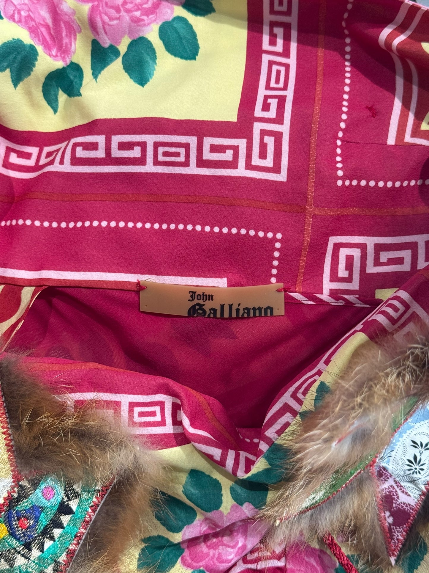 JOHN GALLIANO FW2002 PINK SILK & FUR FOLKLORIC FLORAL PRINT MIDI DRESS