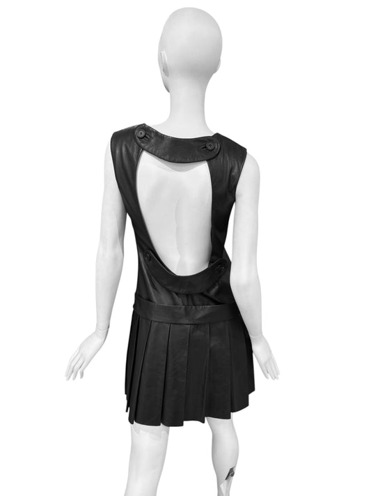 SIMONETTA RAVIZZA 2000s BLACK LEATHER OPEN BACK PLEATED MINI DRESS