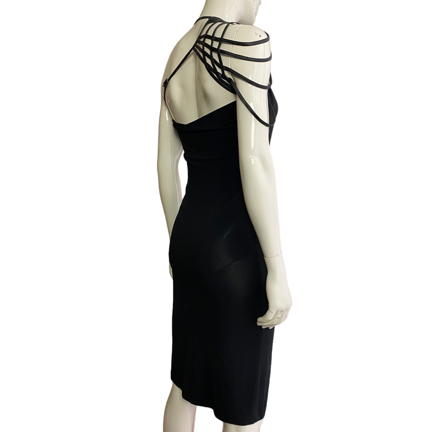 FAYÇAL AMOR 2002 BLACK ASYMMETRICAL LEATHER STRAPS DRESS