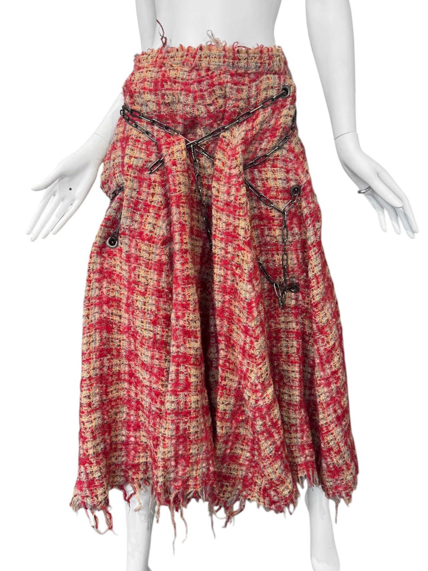JUNYA WATANABE FW2003 RED WOOL DISTRESS TWEED CHAINS MAXI SKIRT