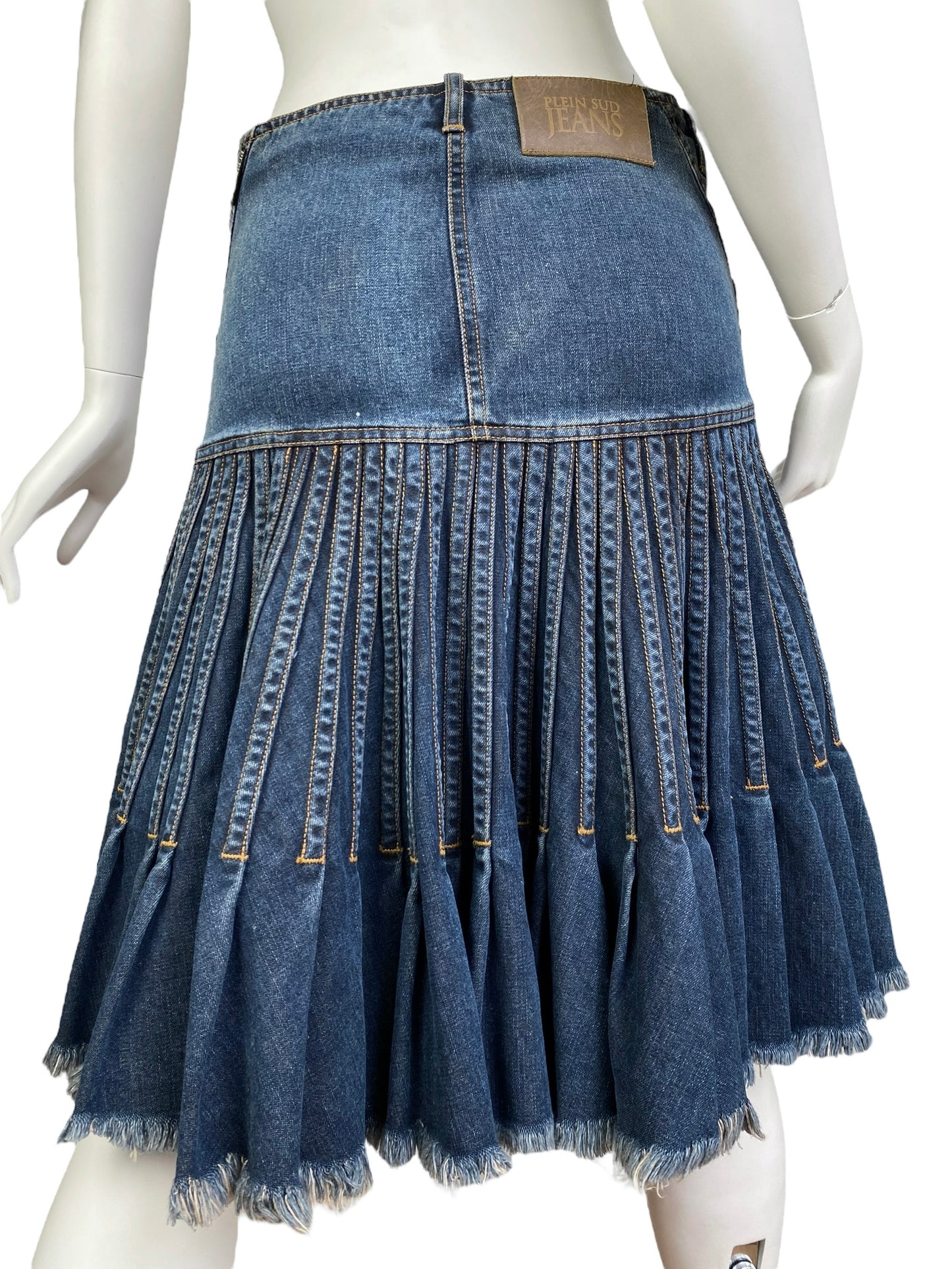 PLEIN SUD JEANS SS2003 BLUE DENIM PLEATED MIDI SKIRT