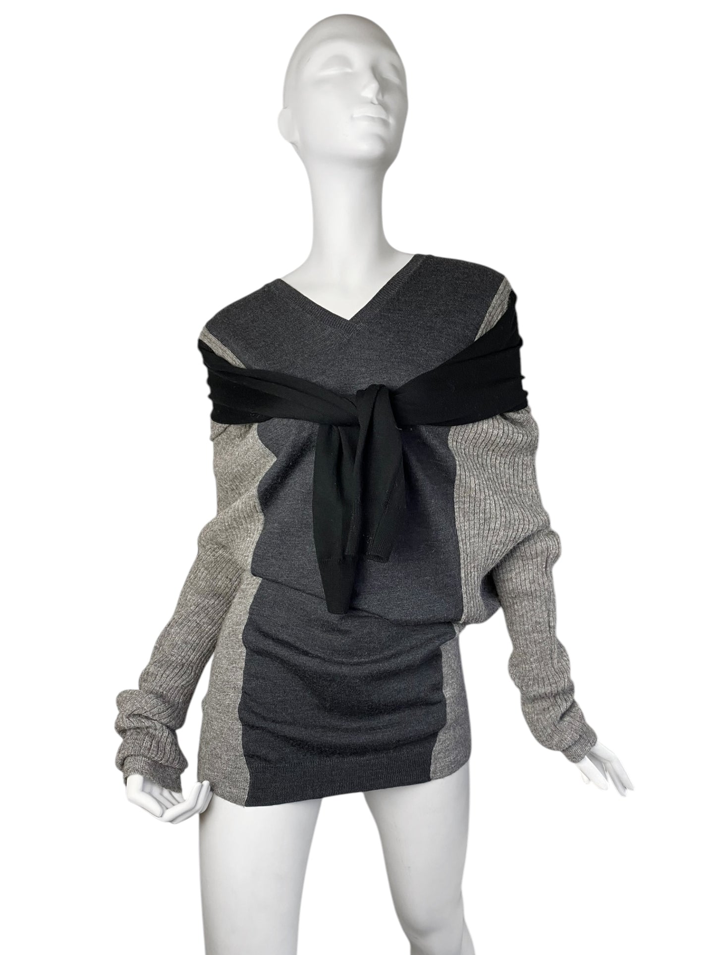 JEAN PAUL GAULTIER 2000s GREY & BLACK WOOL WRAP SLEEVES SWEATER MINI DRESS