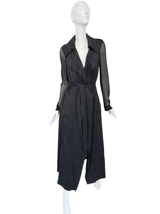 FAYÇAL AMOR 2010s DARK BLUE & BLACK LINEN & SILK MAXI COAT