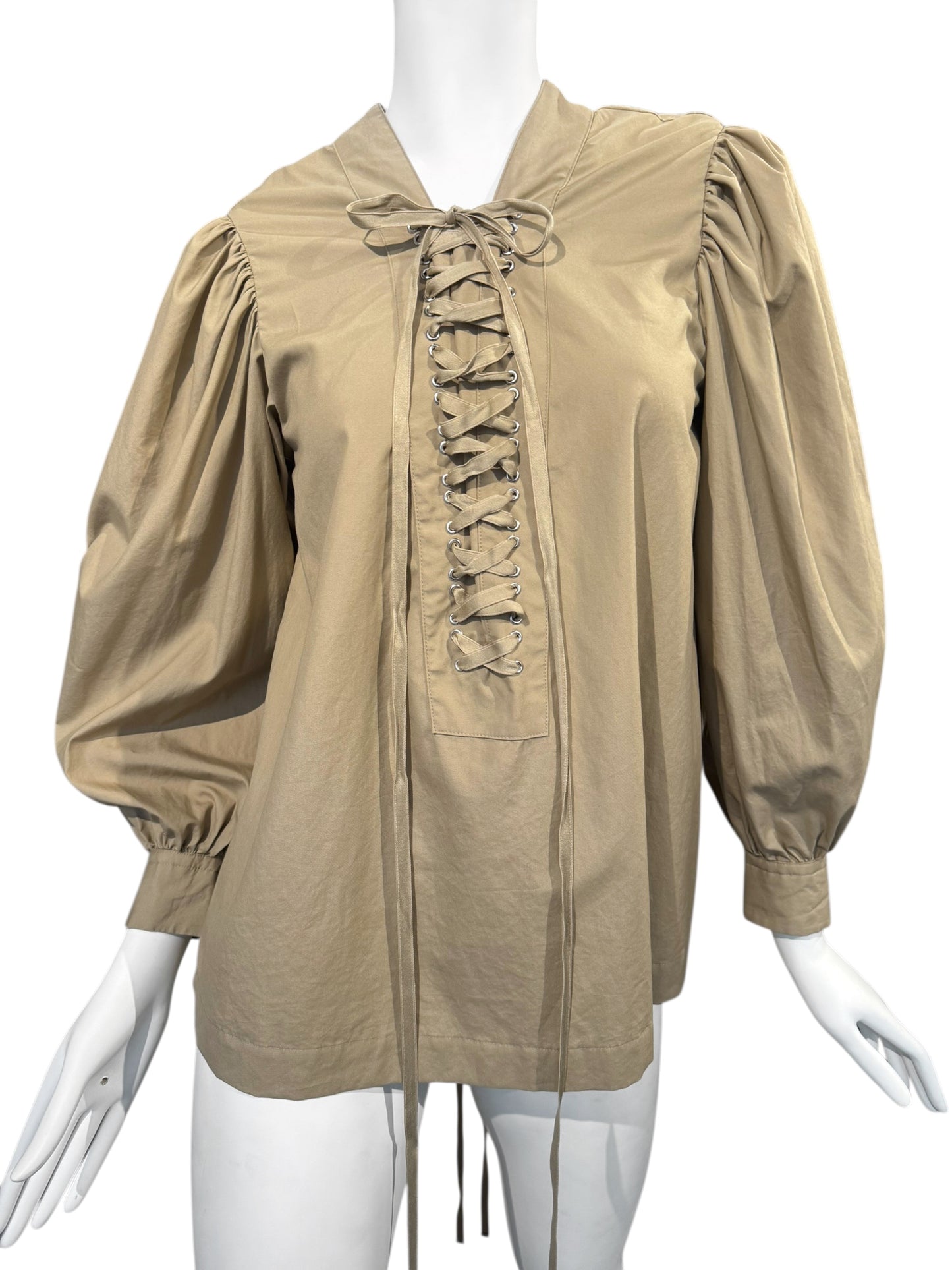 NOIR KEI NINOMIYA SS2022 BEIGE LACE-UP NECKLINE PUFFY SLEEVES TOP
