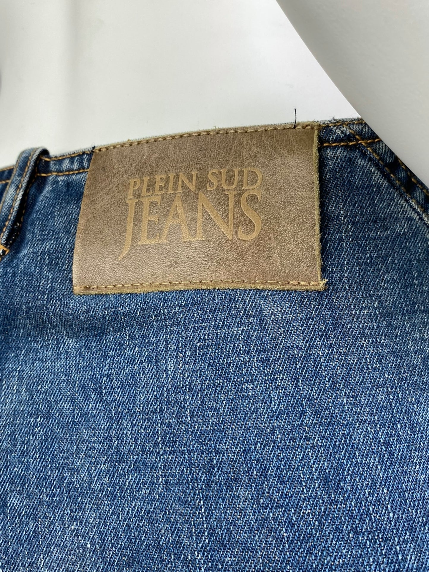 PLEIN SUD JEANS SS2003 BLUE DENIM PLEATED MIDI SKIRT