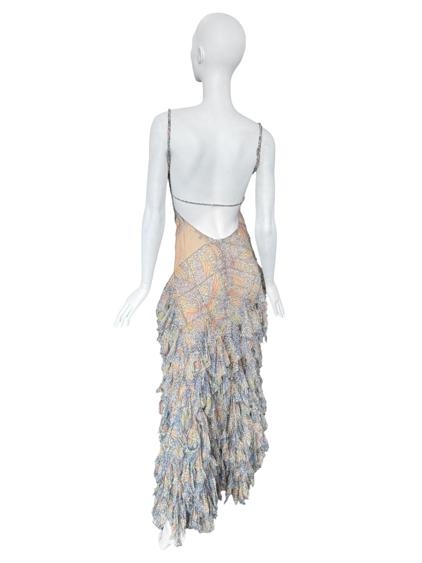 ALEXANDER MCQUEEN SS2004 ‘DELIVERANCE’ SILK STAINED GLASS BUTTERFLY PRINT RUFFLES MAXI DRESS