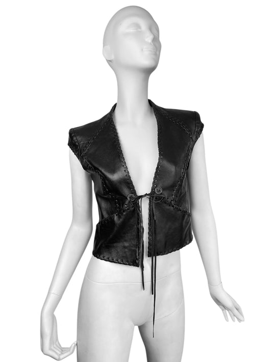 PLEIN SUD 2010s BLACK LEATHER LACED STITCHING & TIE-FRONT CLOSURE VEST