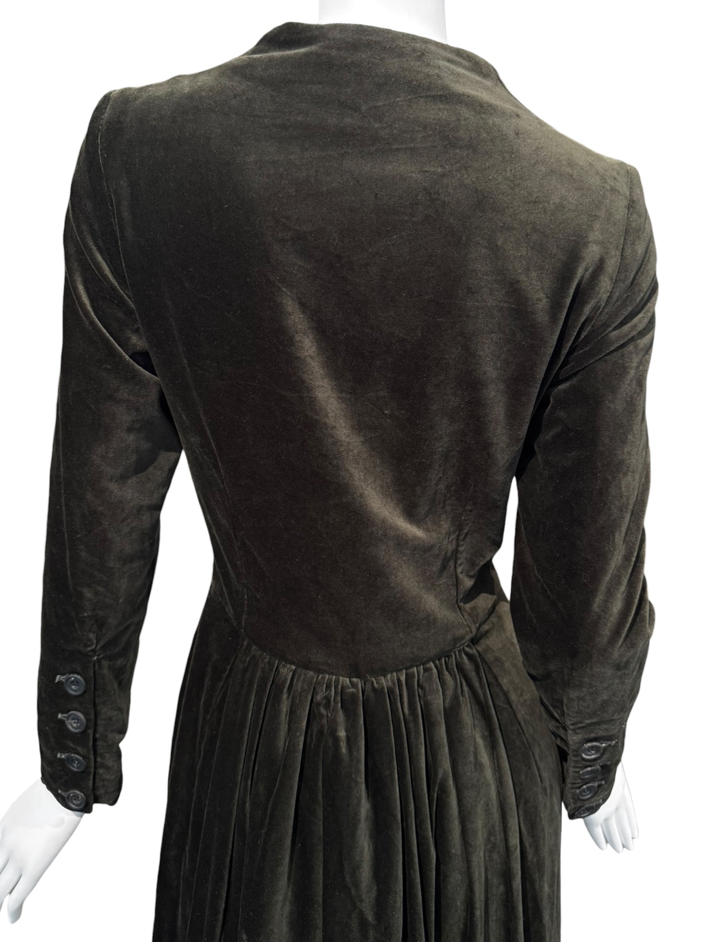 PAUL HARNDEN SHOEMAKERS 2000s DARK OLIVE VELVET MAXI ASYMMETRIC BUTTON MAXI DRESS