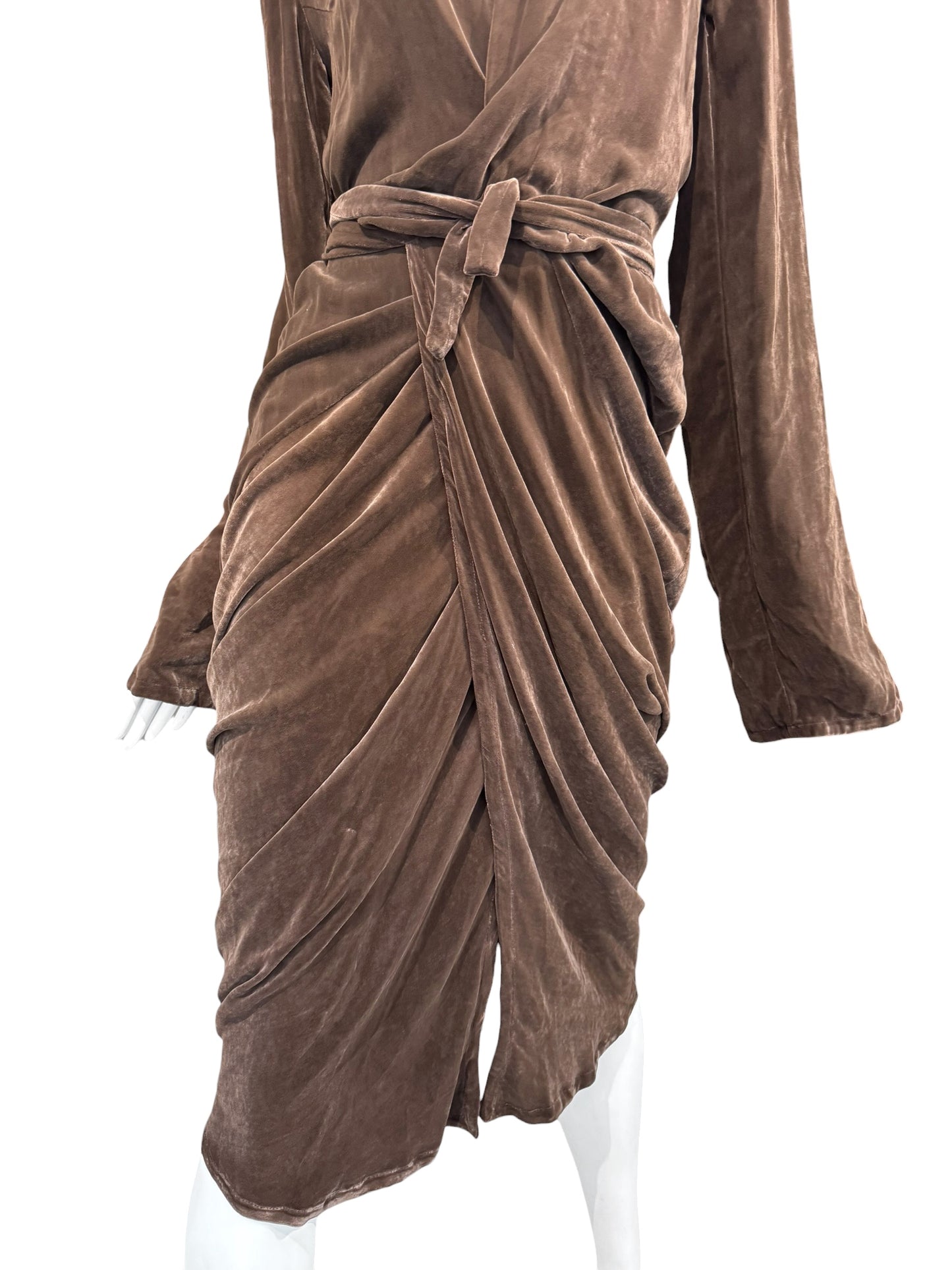 RICK OWENS FW2023 «LUXOR»BROWN VELVET DRAPED WRAP MIDI DRESS
