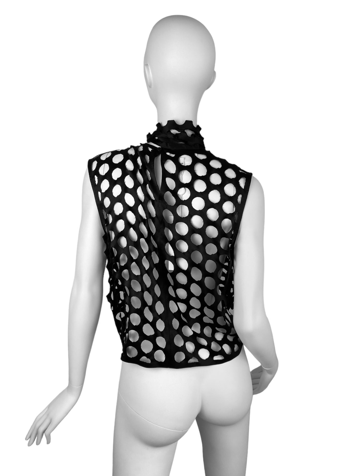 MAISON MARGIELA FW2020 BY GALLIANO BLACK SILK LASER CUT OUT POLKA DOTS ASCOT TIE TOP