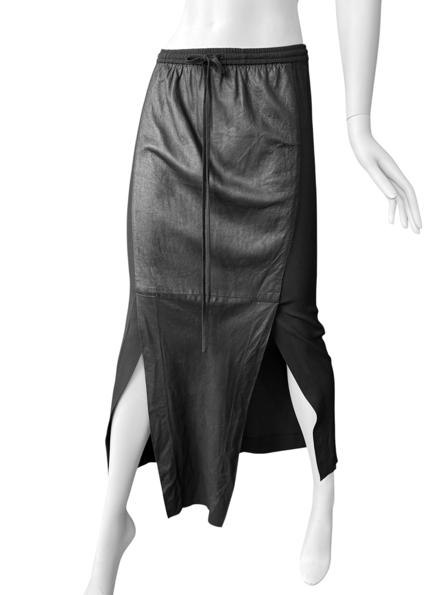 ILARIA NISTRI 2010s BLACK LEATHER & SILK MAXI SKIRT