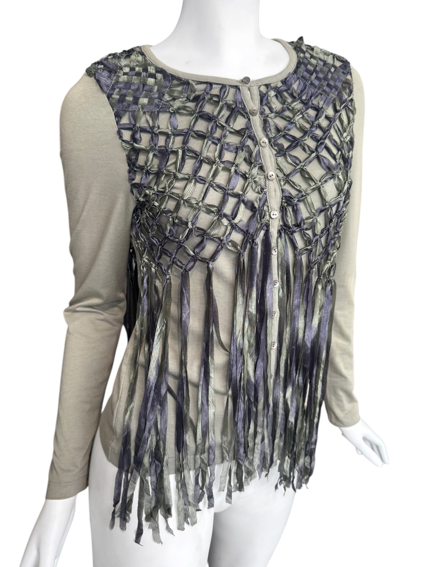 DIOR SS2003 BY JOHN GALLIANO KAKI COTTON & SILK KNOTTED FRINGE CARDIGAN