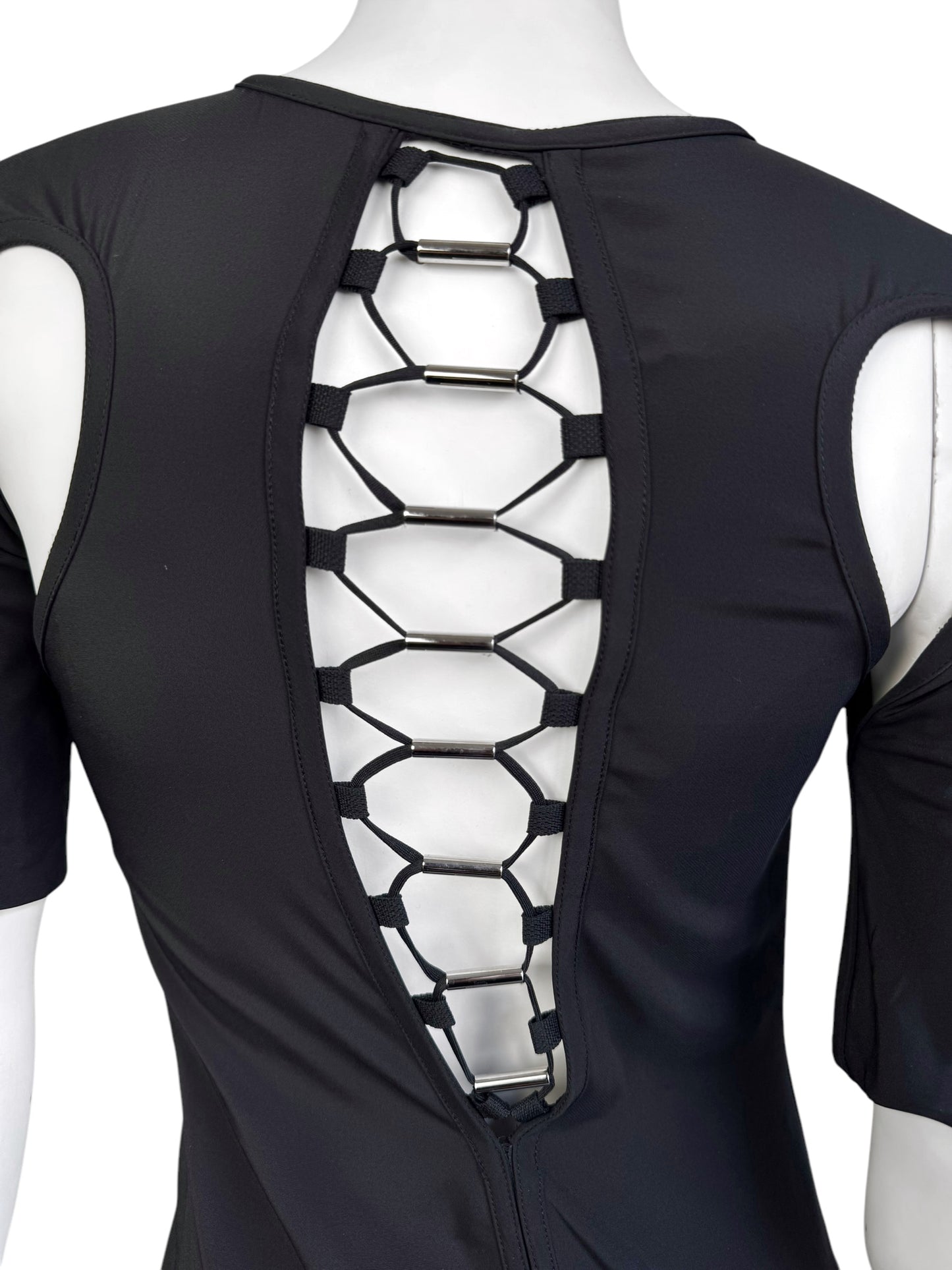 GUCCI SS2010 BY FRIDA GIANNINI BLACK & GREY SILK BLEND CUT-OUT LACE-UP FUTURISTIC MINI DRESS