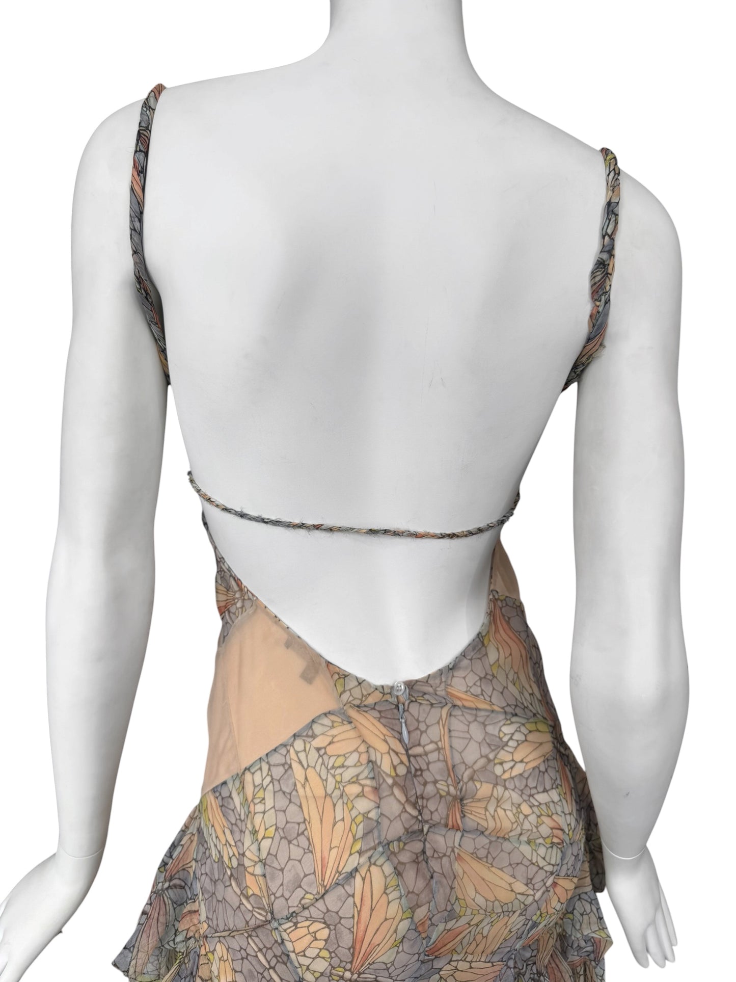 ALEXANDER MCQUEEN SS2004 ‘DELIVERANCE’ SILK STAINED GLASS BUTTERFLY PRINT RUFFLES MAXI DRESS