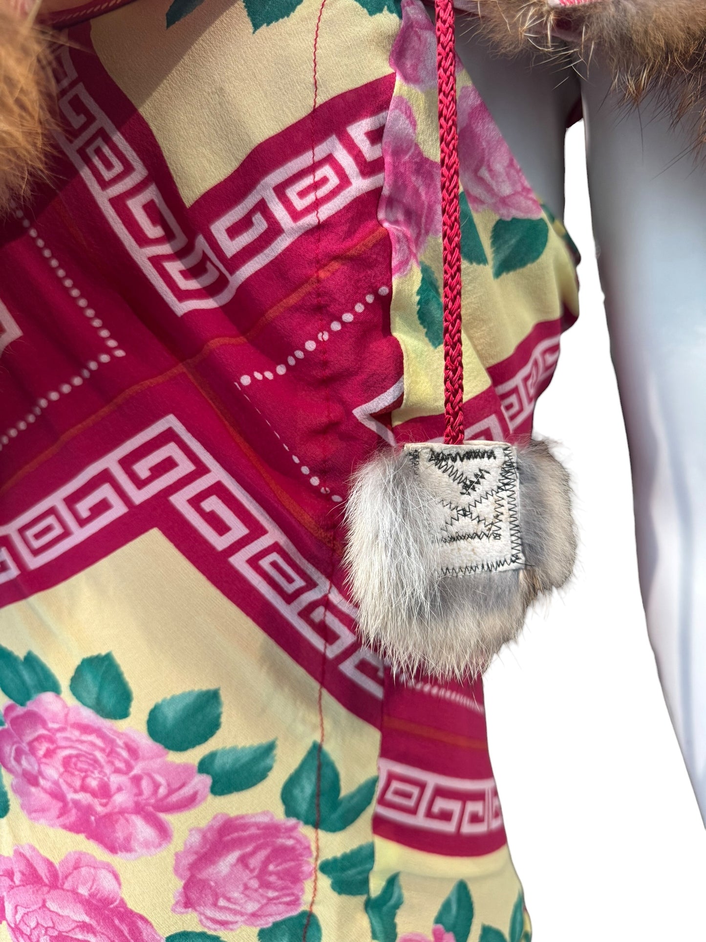 JOHN GALLIANO FW2002 PINK SILK & FUR FOLKLORIC FLORAL PRINT MIDI DRESS