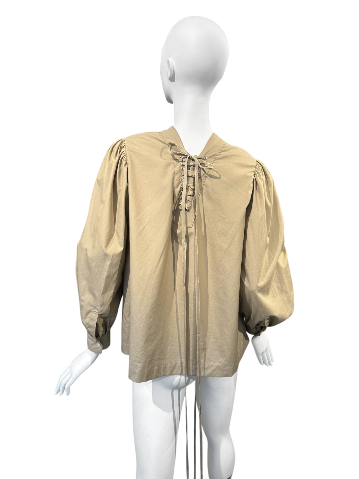NOIR KEI NINOMIYA SS2022 BEIGE LACE-UP NECKLINE PUFFY SLEEVES TOP