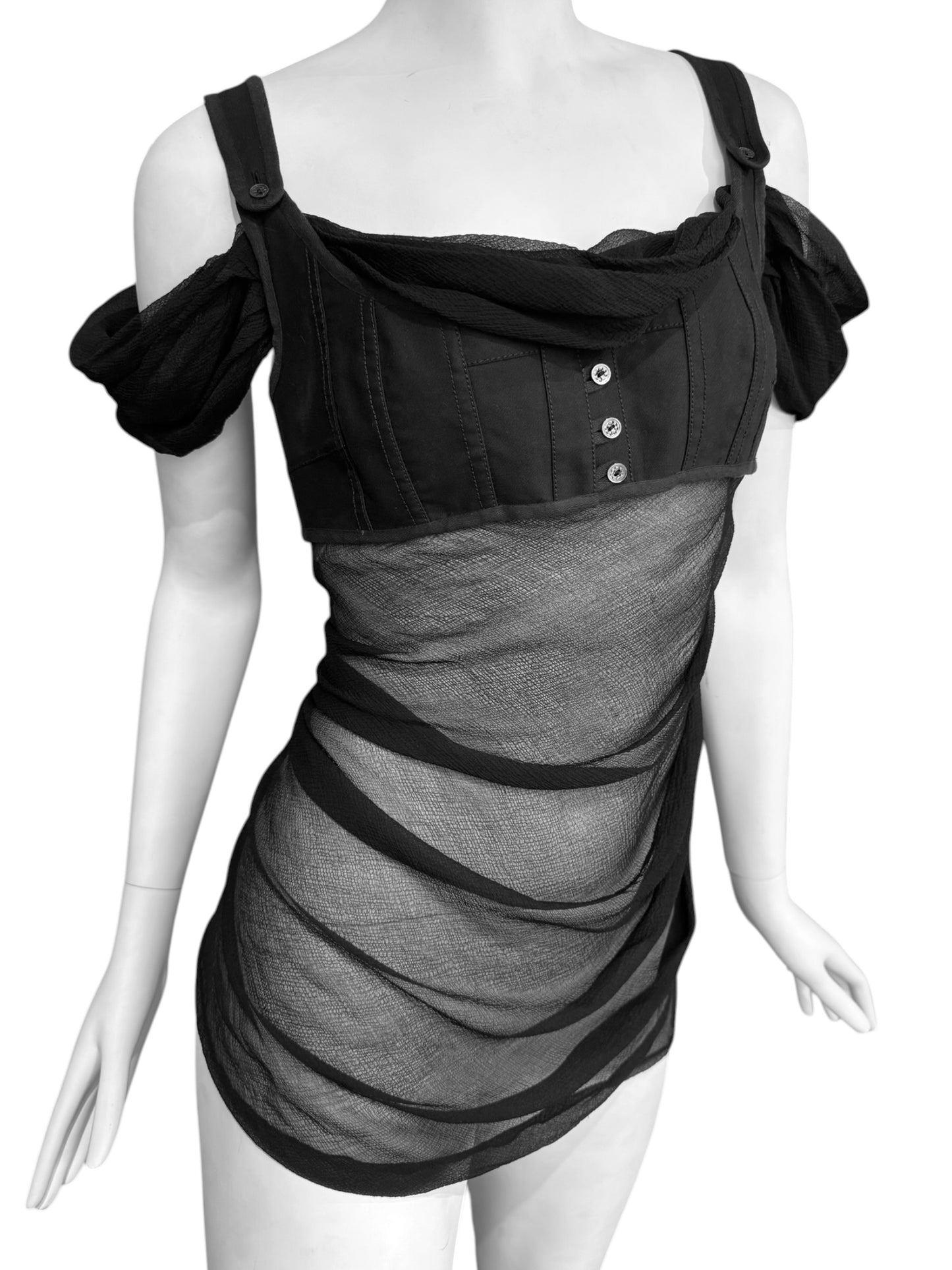 ALEXANDER MCQUEEN SS2005 «IT’S ONLY A GAME» BLACK SILK DRAPED CORSET TOP