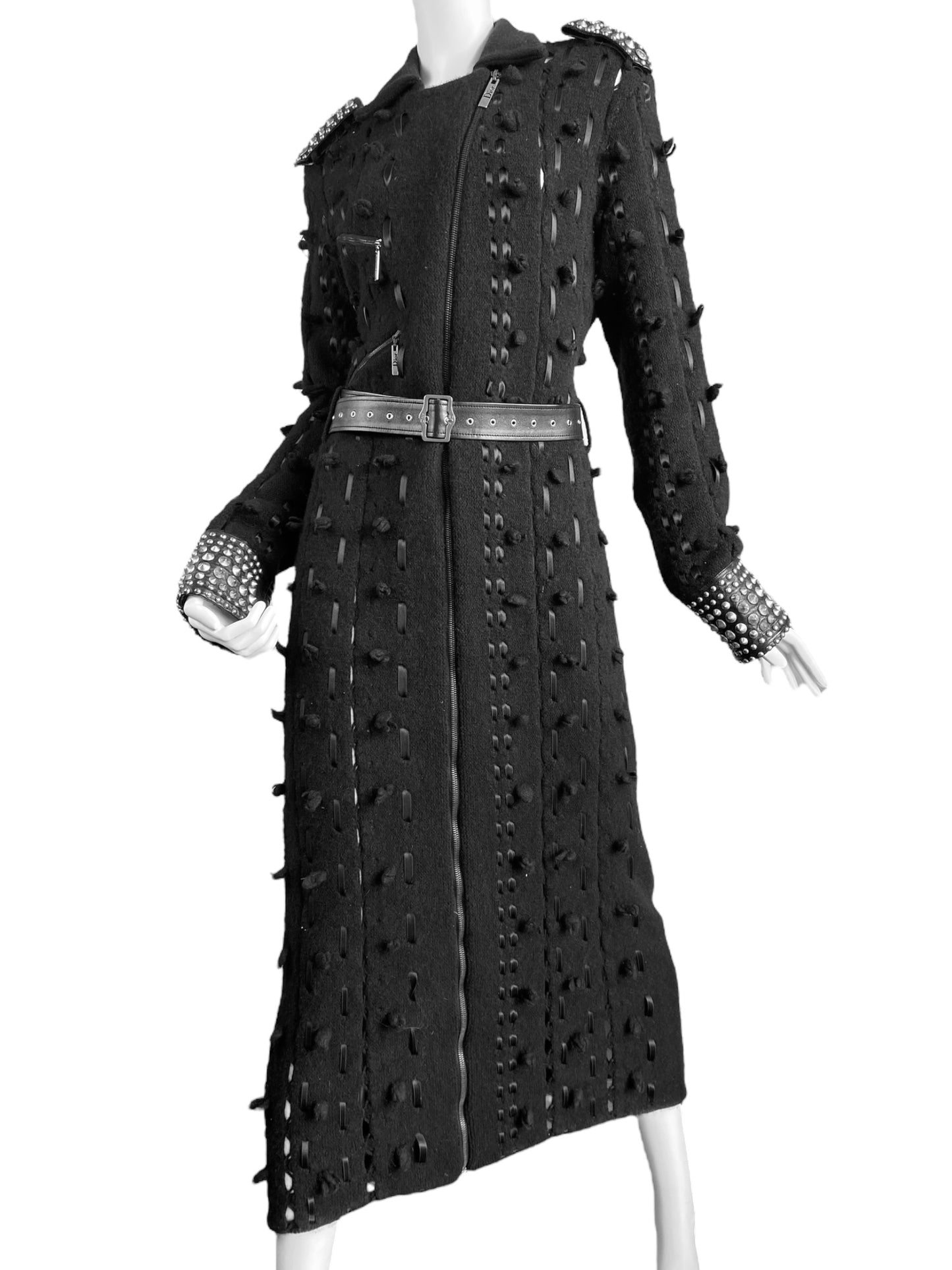 DIOR FW2004 BY GALLIANO BLACK WOOL LACED STUDDED MAXI COAT