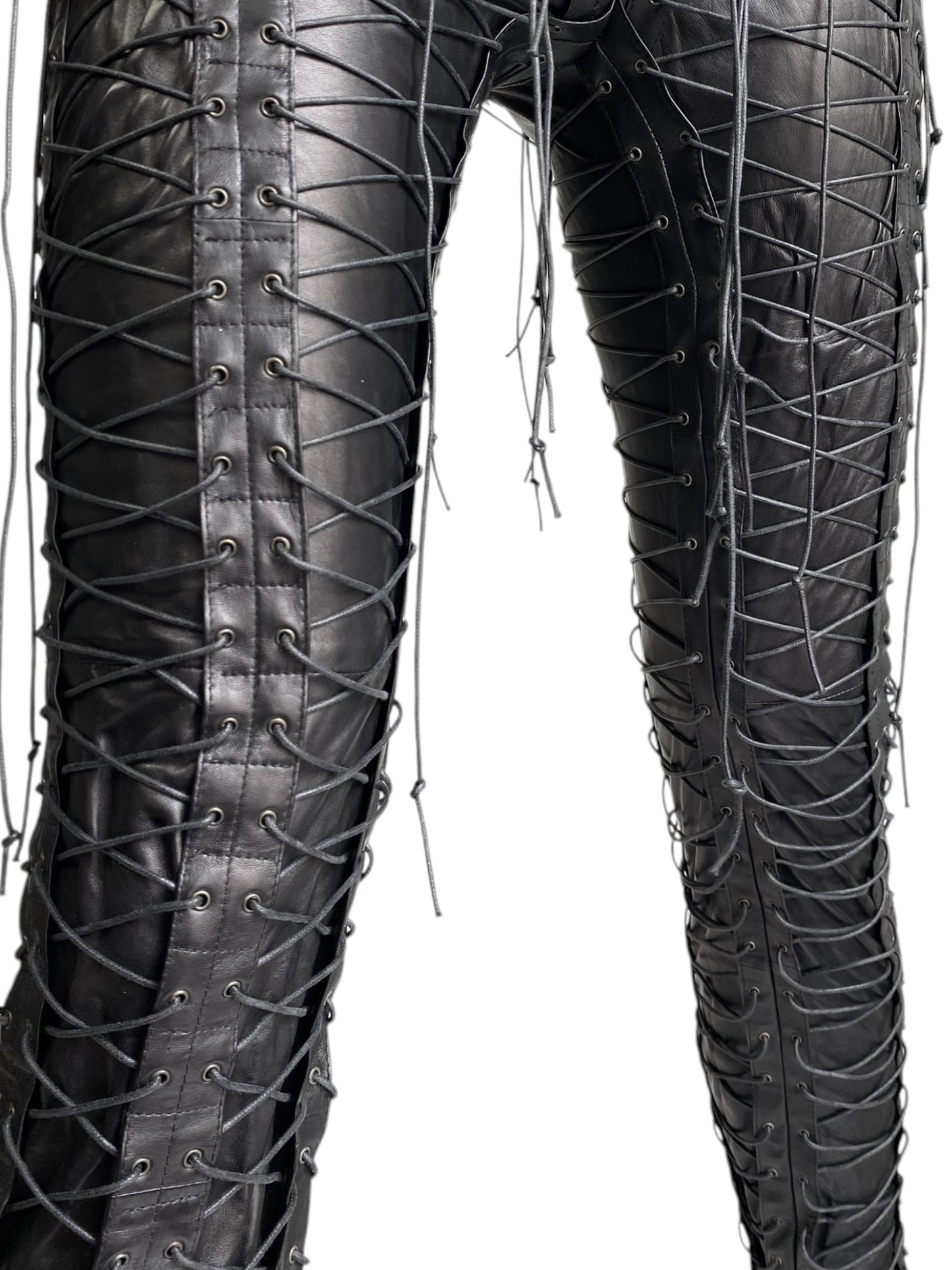 PLEIN SUD FW2002 BLACK LEATHER LACED-UP CAGE PANTS