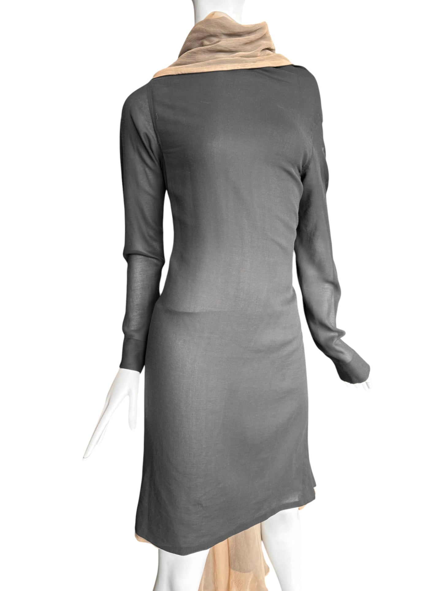 GUSTAVO LINS HAUTE COUTURE SS2009 DARK GREY & BEIGE SILK LAYERED PLEATED MIDI DRESS