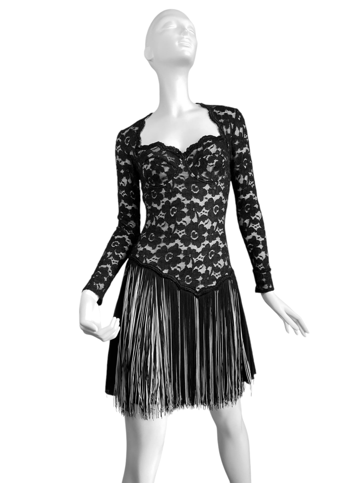 ANGELO TARLAZZI 2000s BLACK LACE FRINGES MINI DRESS