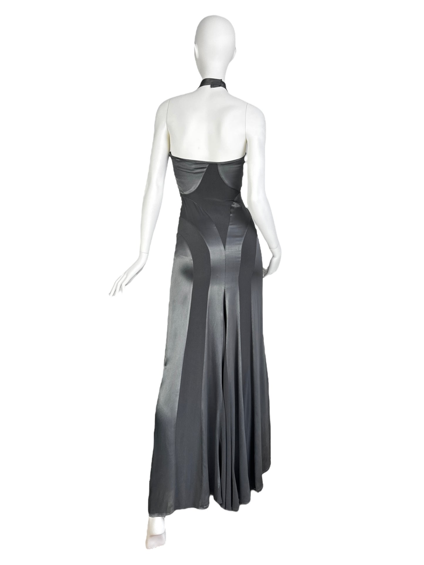 FAYÇAL AMOR SS2003 METALLIC GREY ANATOMICAL HALTERNECK MAXI DRESS