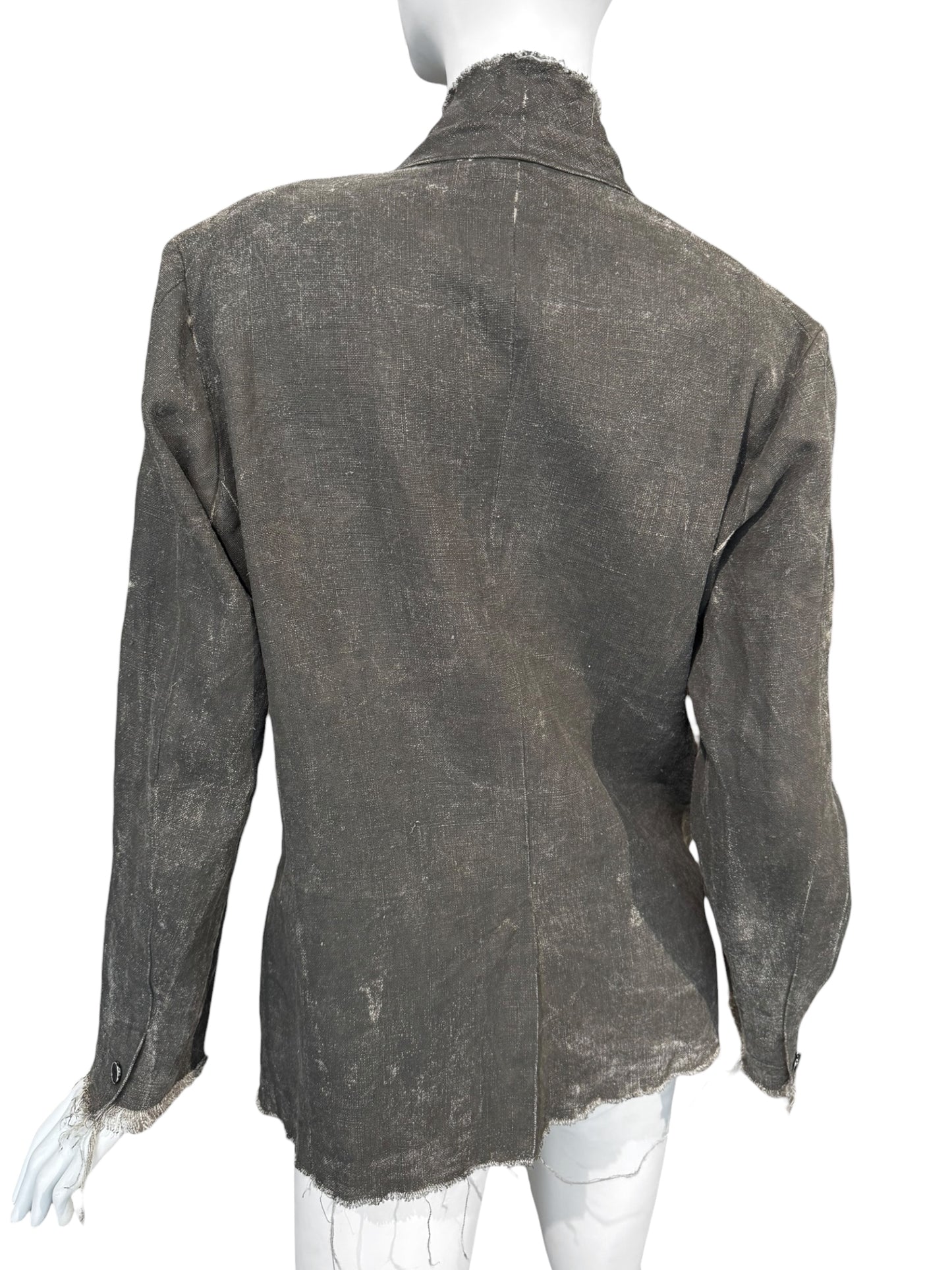 RIPVANWINKLE 2000s GREY LINEN PAINTED DISTRESS BLAZER