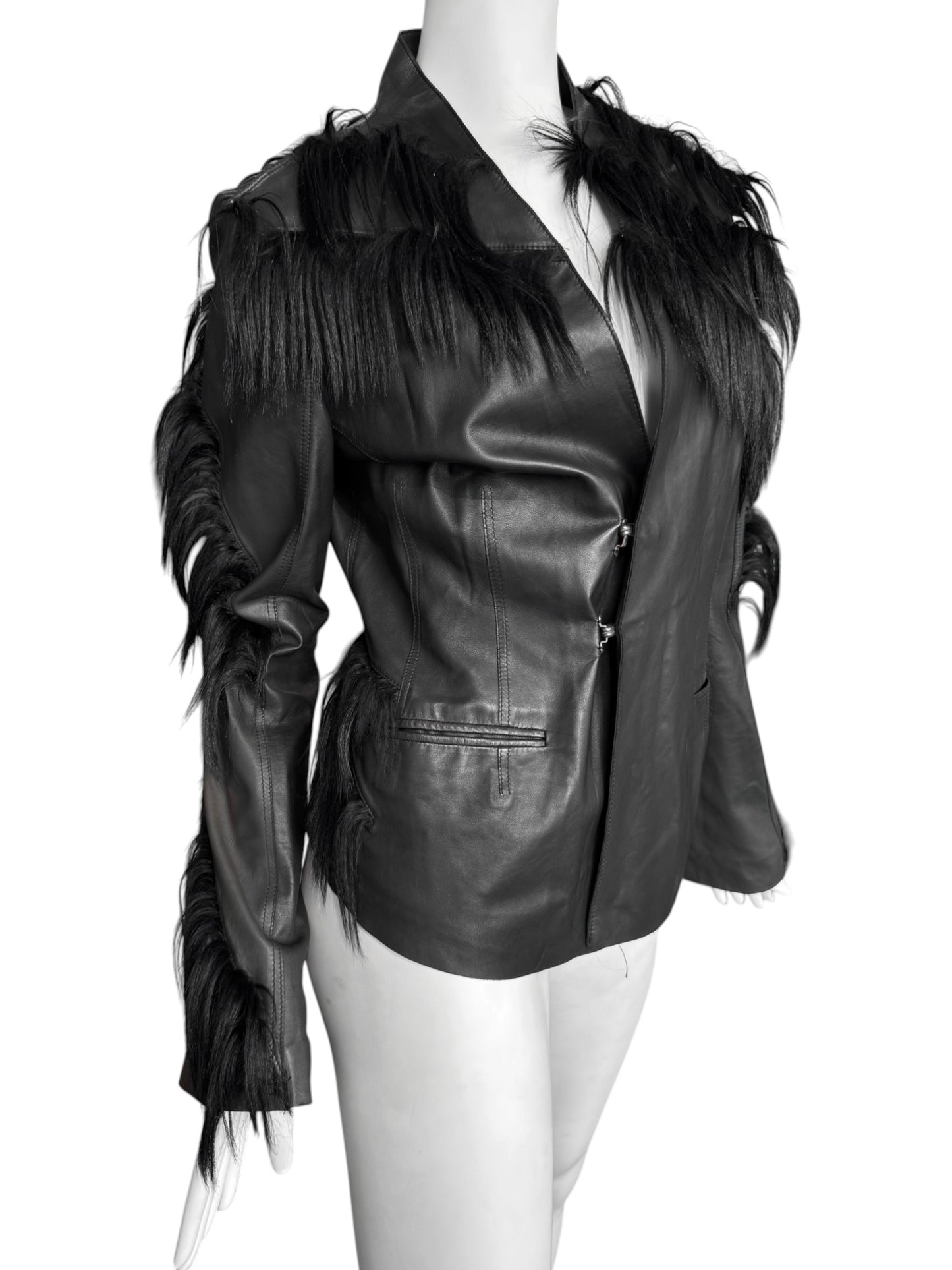 REVILLON FW2003 BY RICK OWENS BLACK LEATHER & MONKEY FUR JACKET