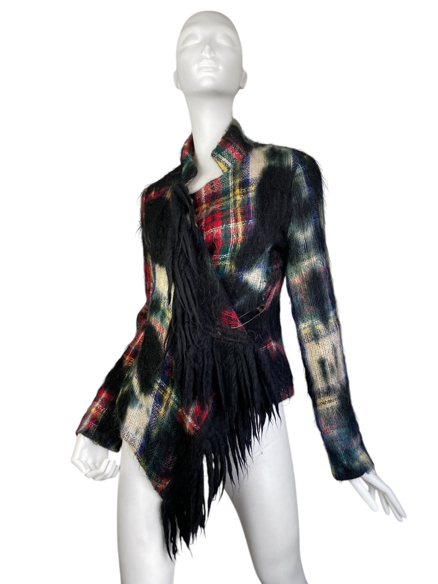 PLEIN SUD JEANS 2000s DISTRESS MOHAIR TARTAN JACKET