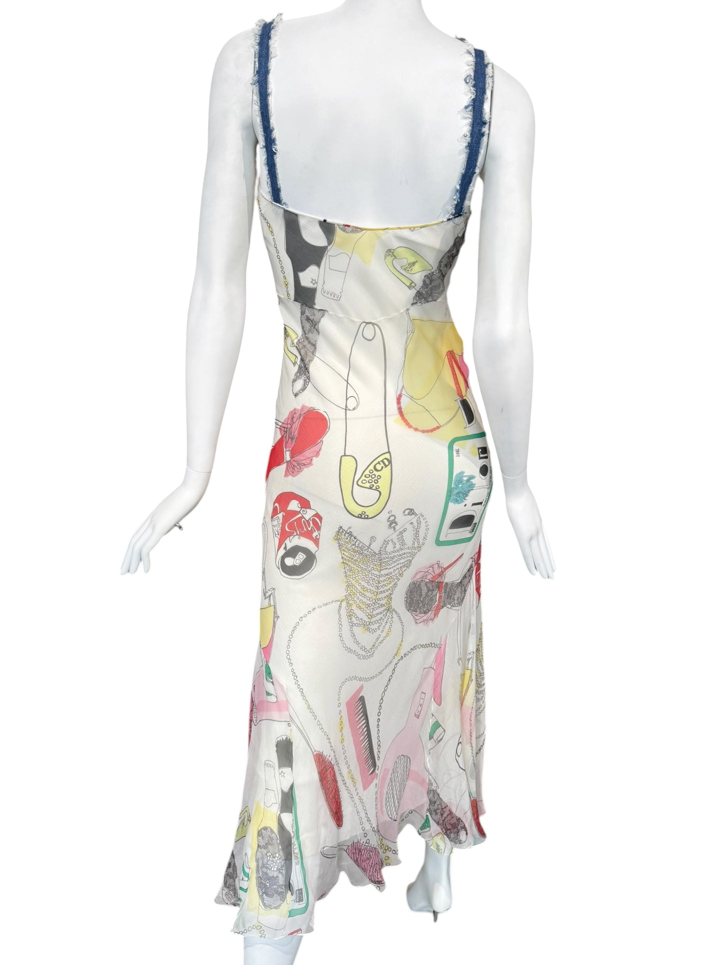 DIOR SS2001 BY JOHN GALLIANO OFF-WHITE SILK KITSCH PRINT MAXI DRESS