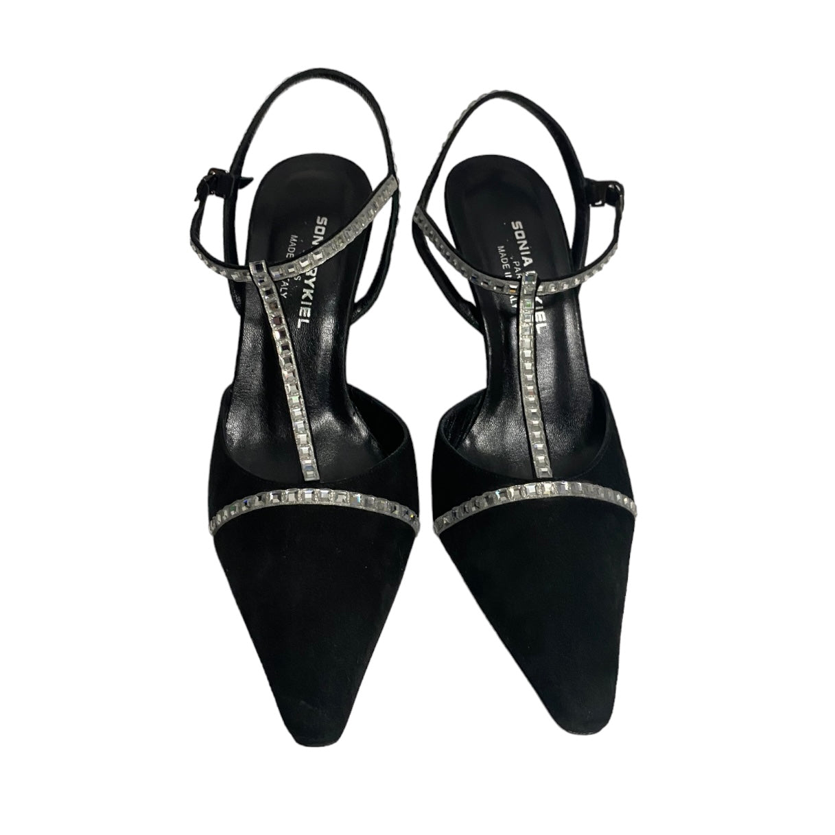 SONIA RYKIEL BLACK LEATHER STRASS T-STRAP HEELS