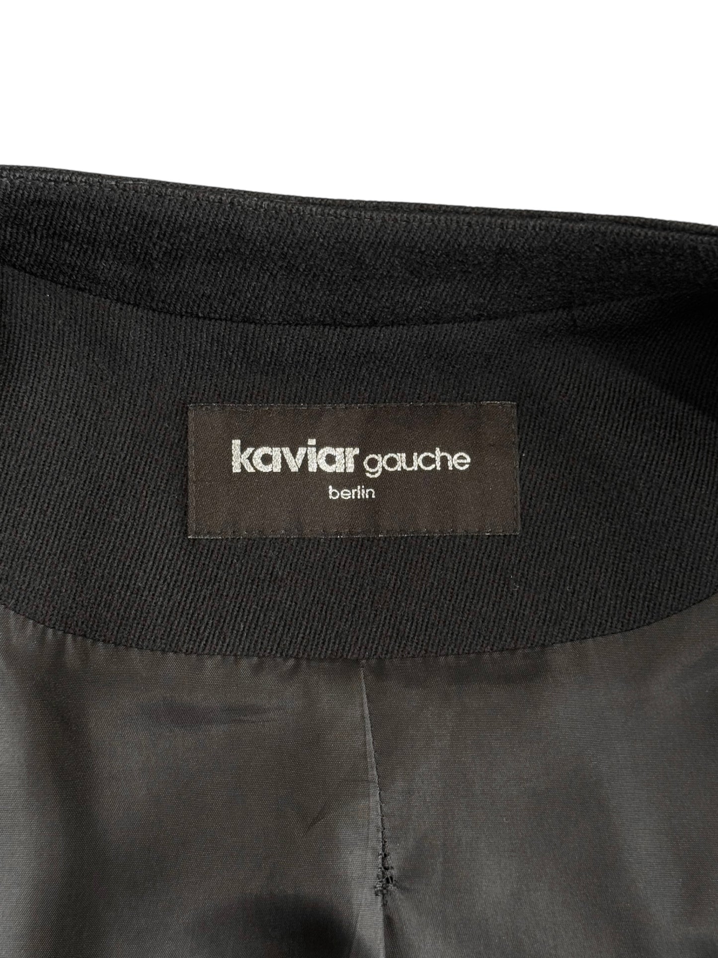 KAVIAR GAUCHE 2010s BLACK WOOK & LEATHER DOUBLE BREASTED COAT