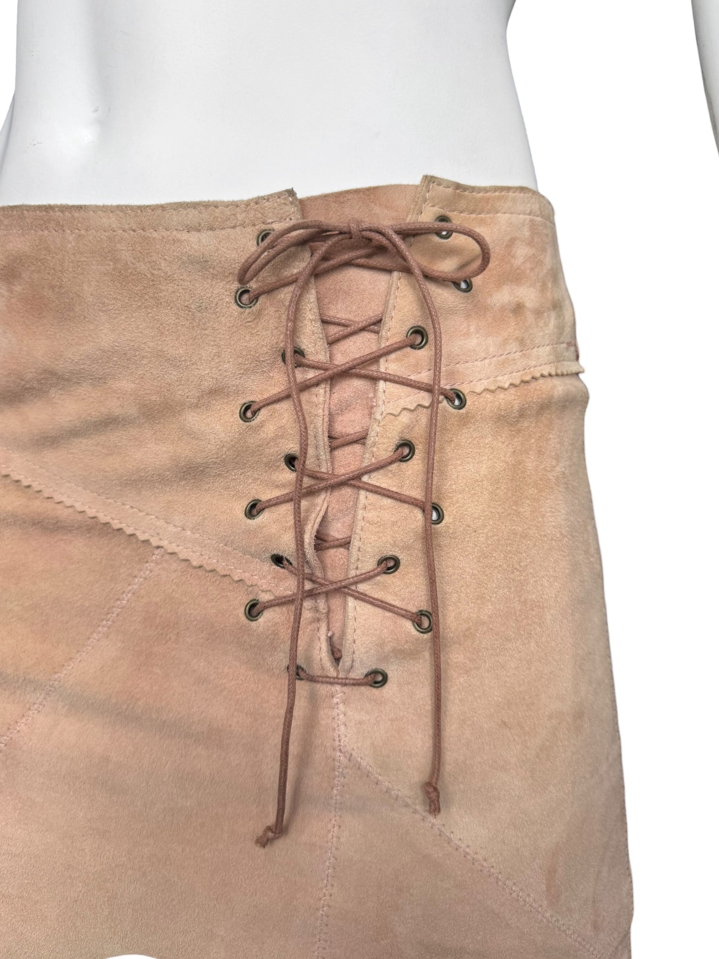PLEIN SUD JEANS SS2003 BEIGE SUEDE LEATHER LACE-UP MINI SKIRT
