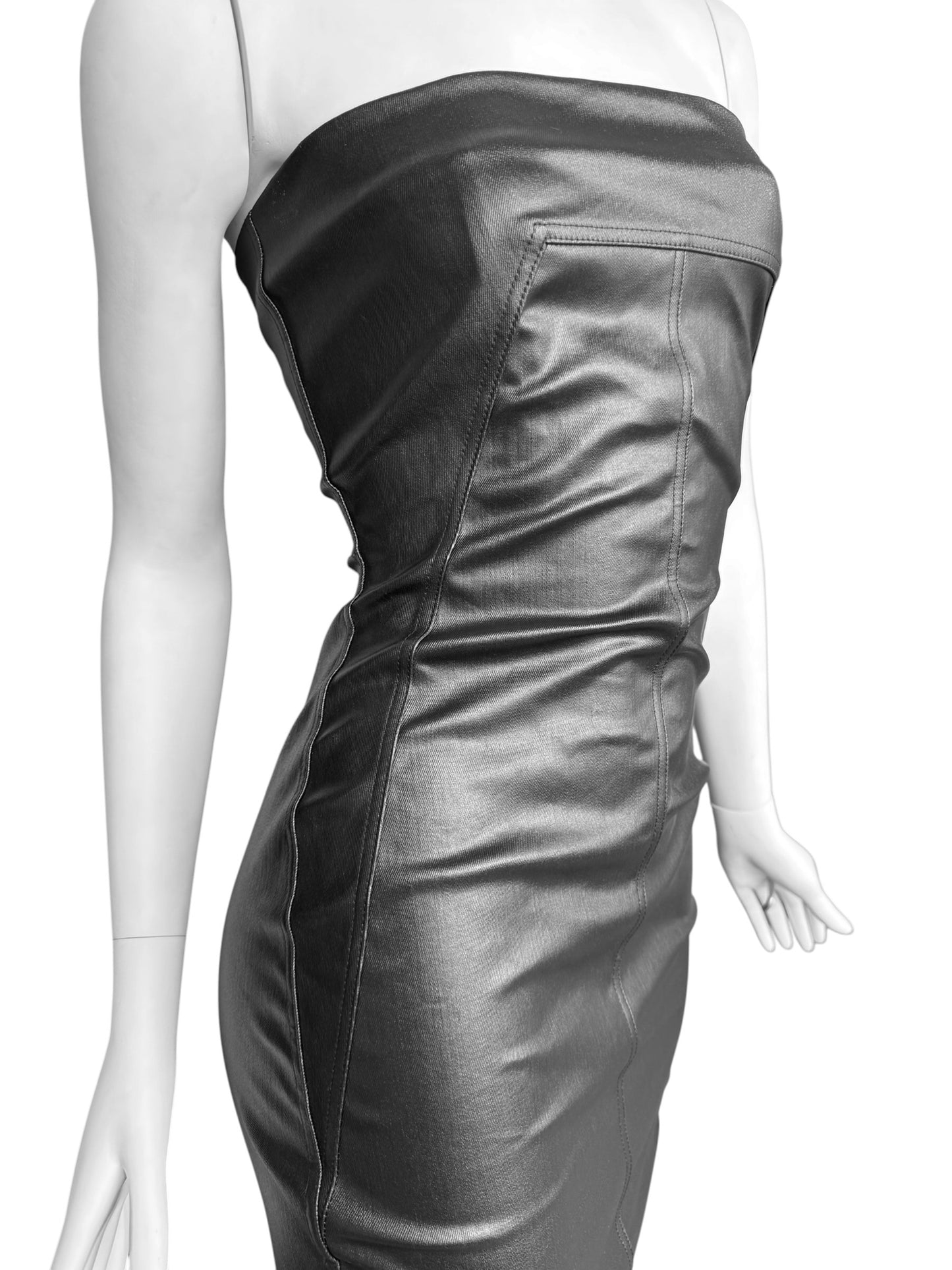RICK OWENS SS2024 «LIDO» BLACK COATED DENIM BUSTIER MAXI DRESS