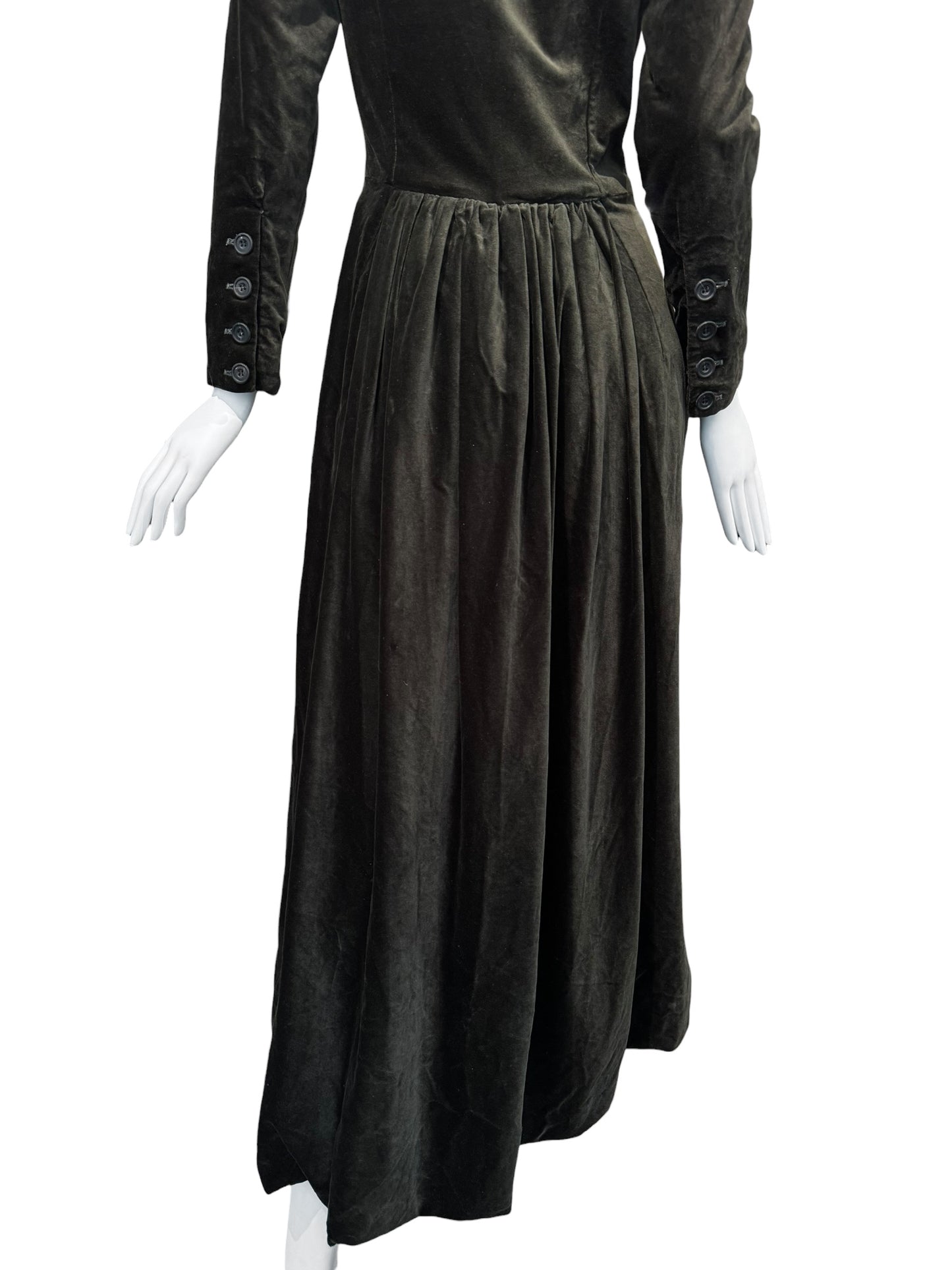 PAUL HARNDEN SHOEMAKERS 2000s DARK OLIVE VELVET MAXI ASYMMETRIC BUTTON MAXI DRESS